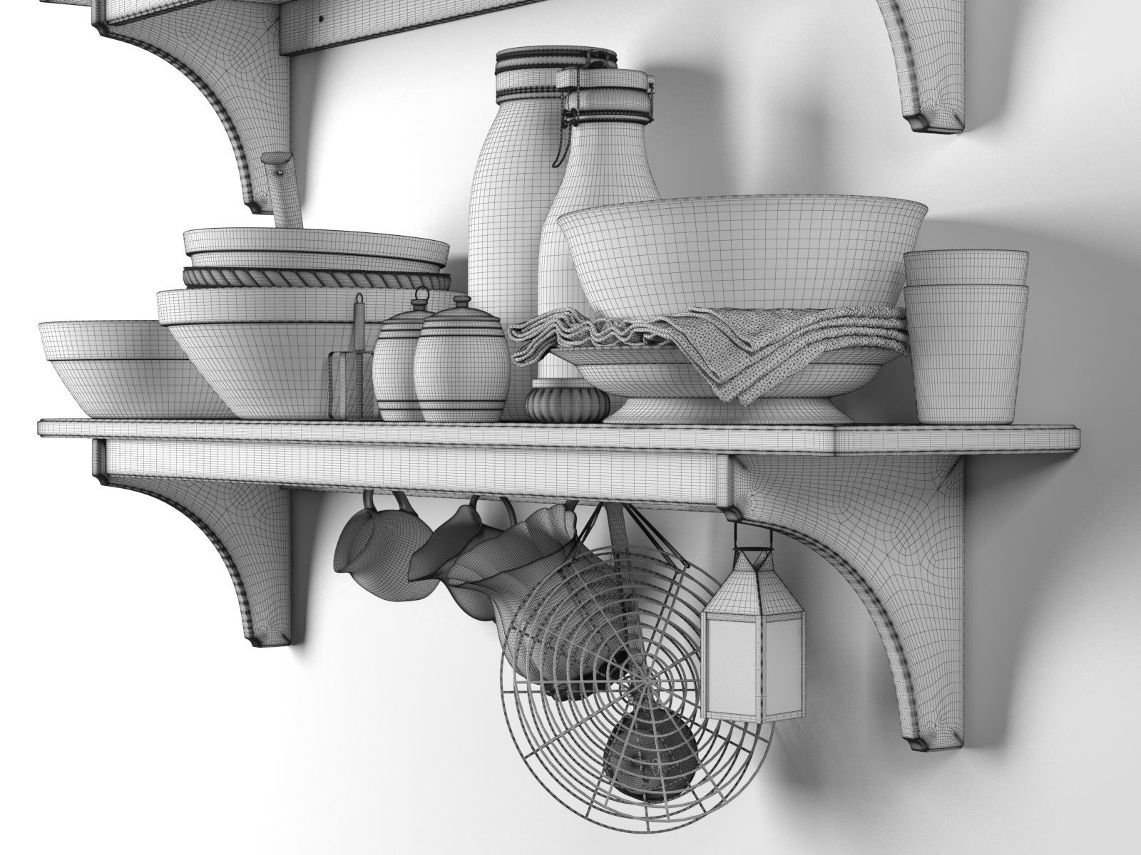 White Tableware Set on Shelves 3D model_5