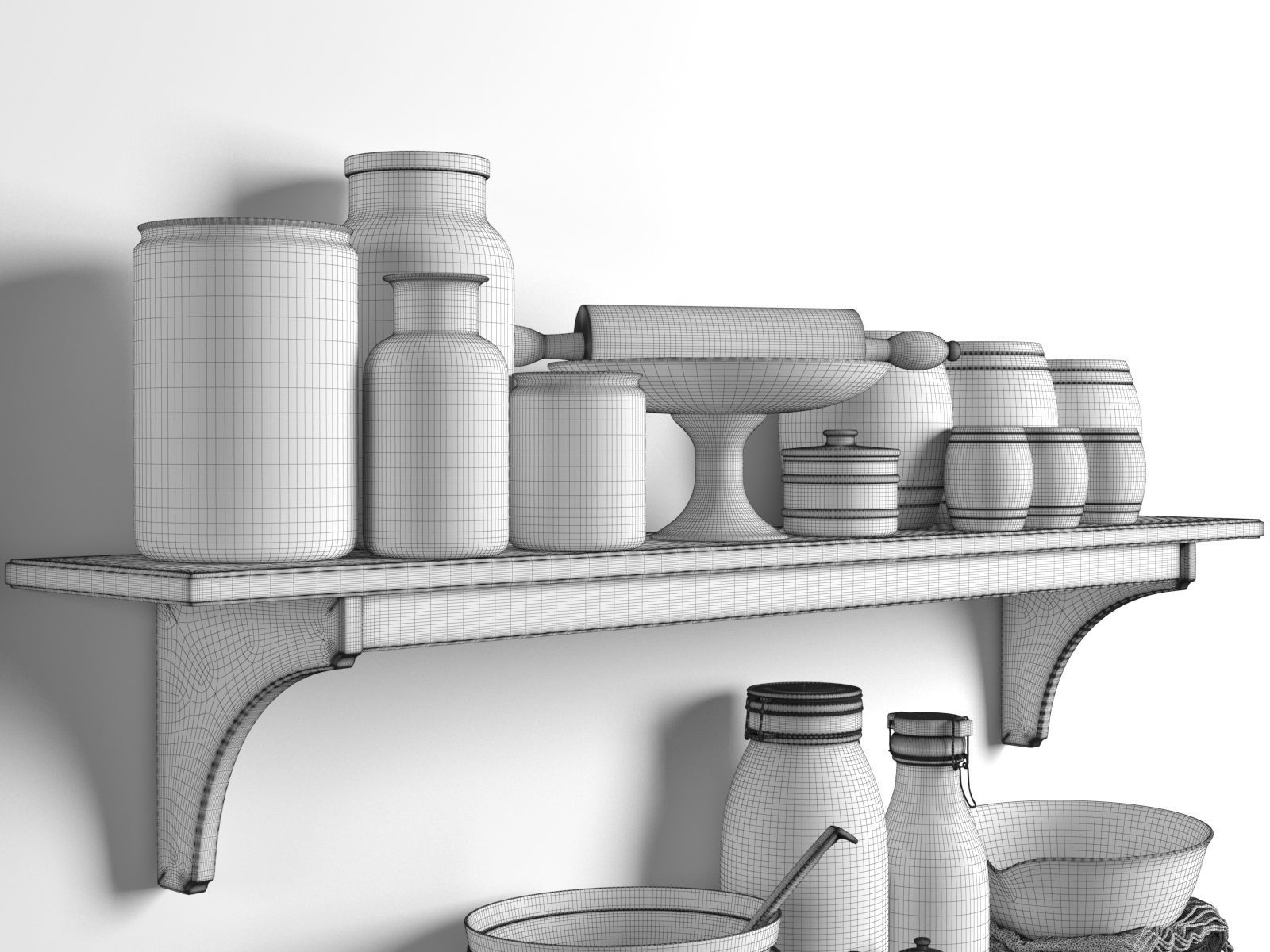 White Tableware Set on Shelves 3D model_4