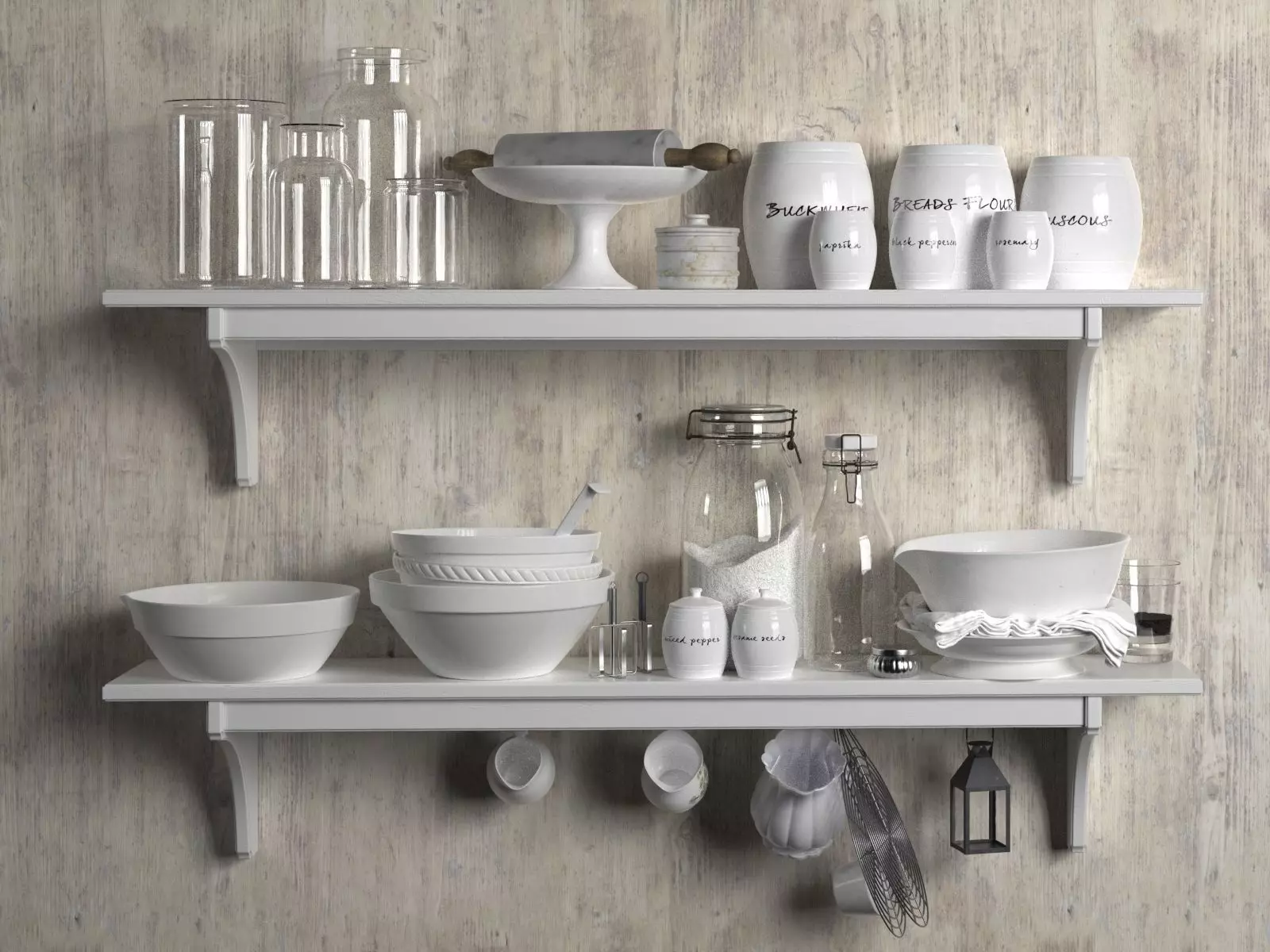 White Tableware Set on Shelves 3D model_0