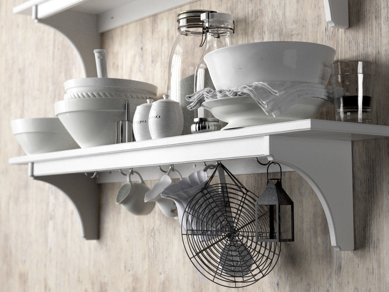 White Tableware Set on Shelves 3D model_2