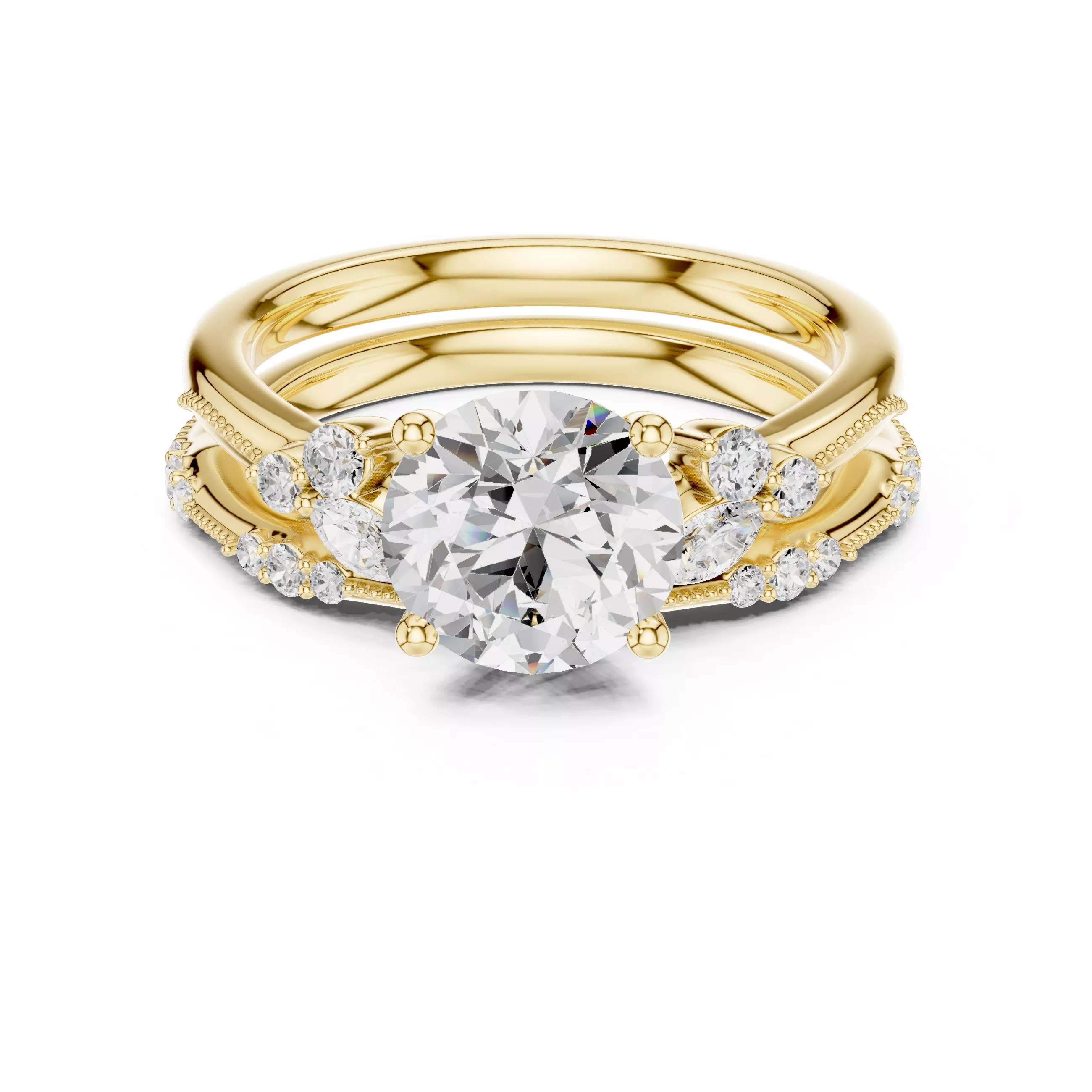 Round Cut Diamond Engagement Ring with Side Marquise Stones 3D print model