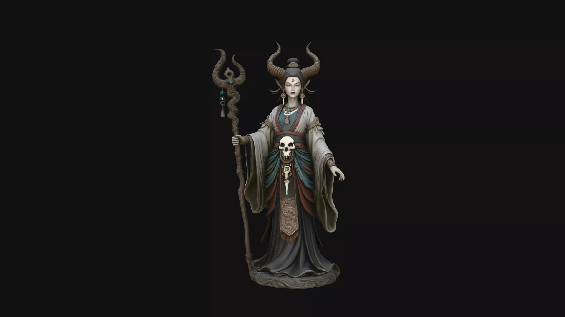 Horned Skull Staff Priestess Statue Design 1 - 3D Print Model 3D print model