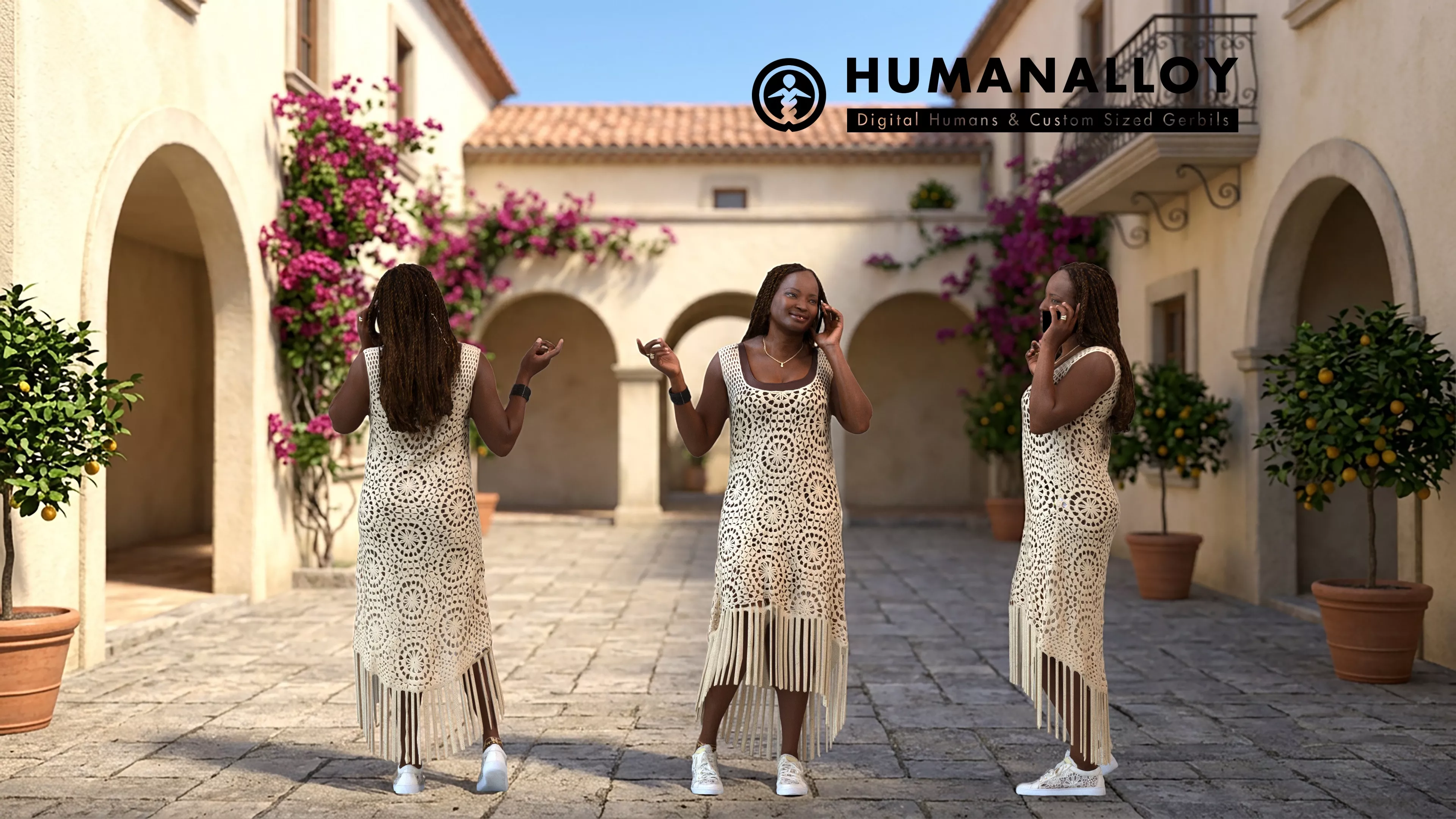 Adult Black woman calling outdoors in casual summer attire 3D model