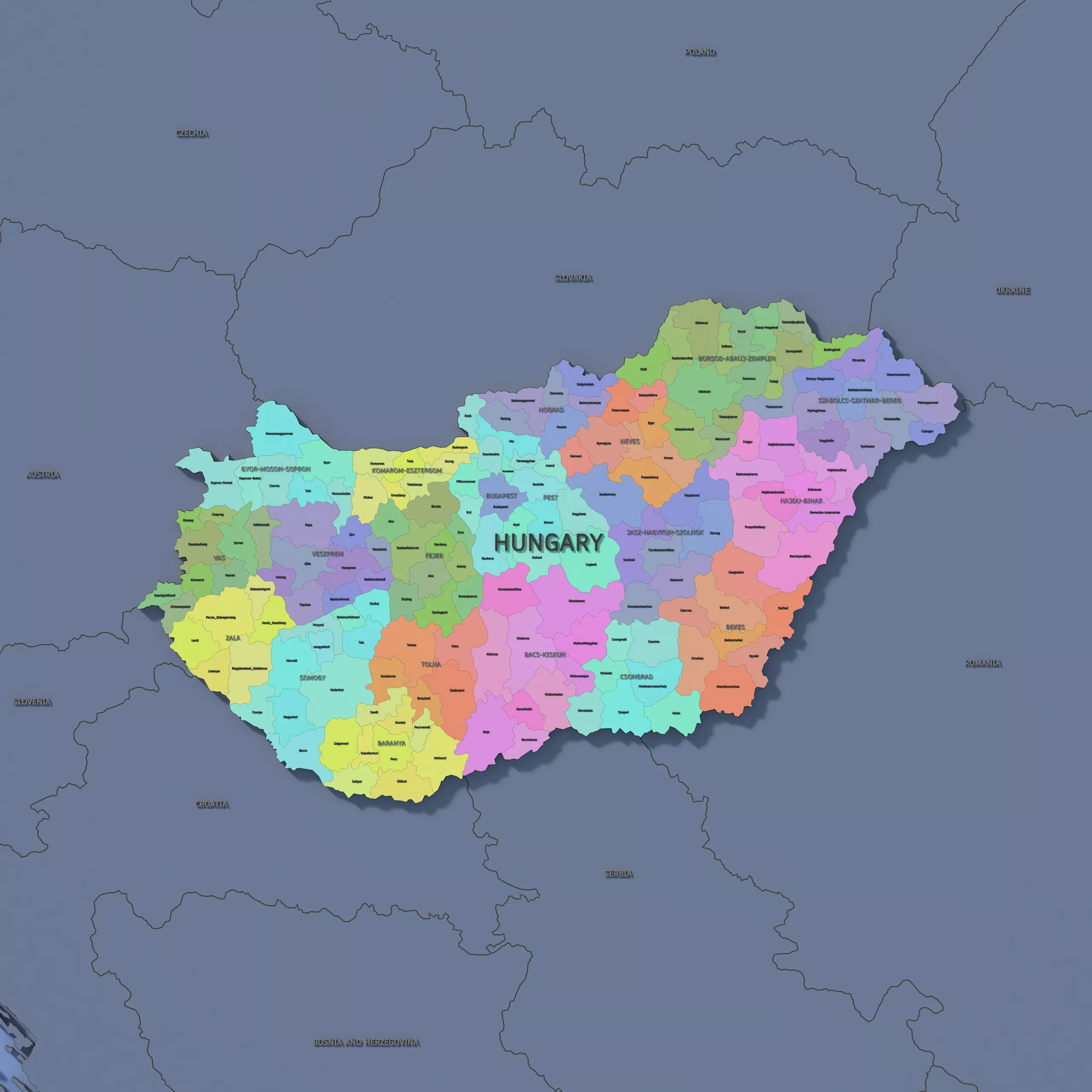 Hungary Admin 2 3D Map - Mercator 3D model