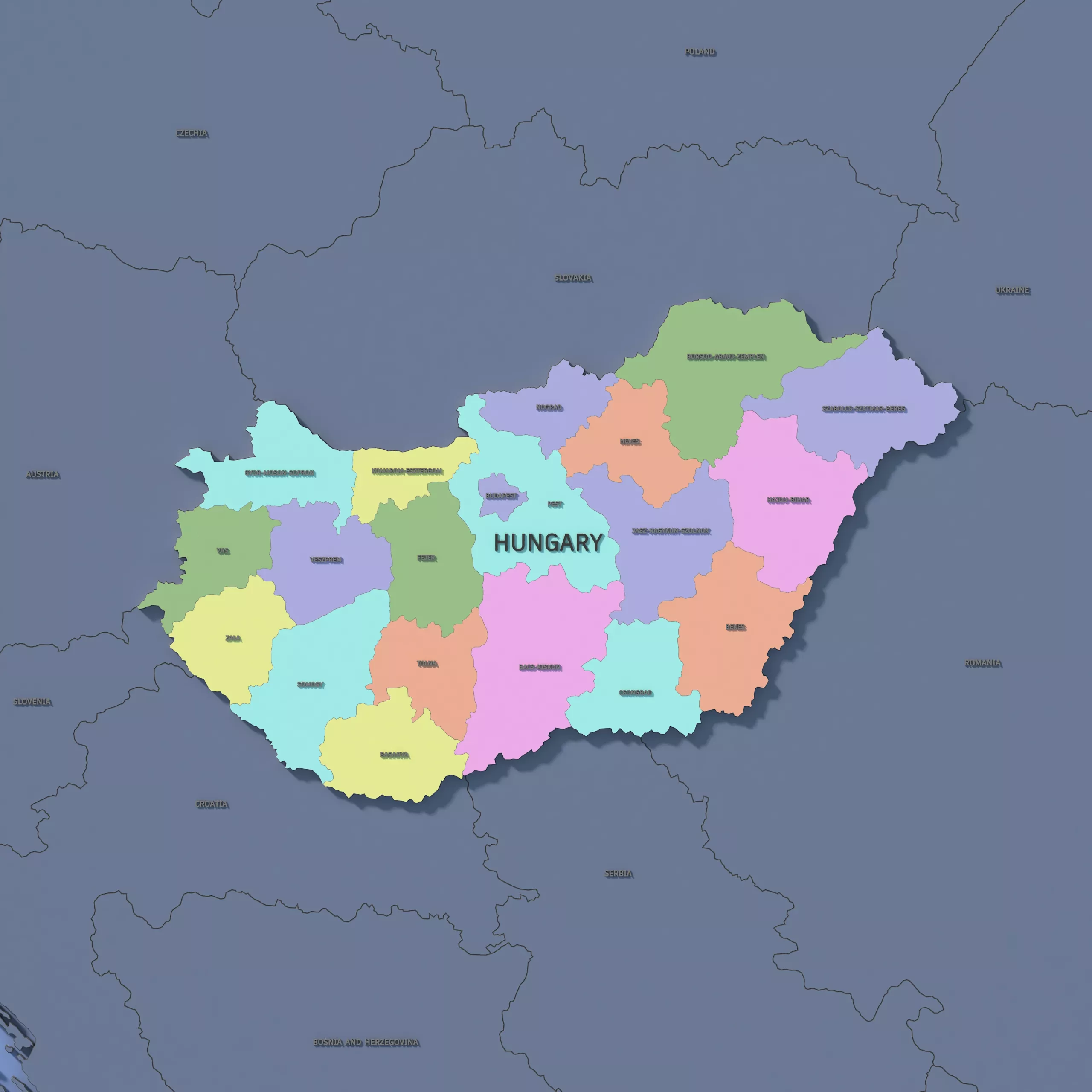 Hungary Admin 1 3D Map - Mercator 3D model