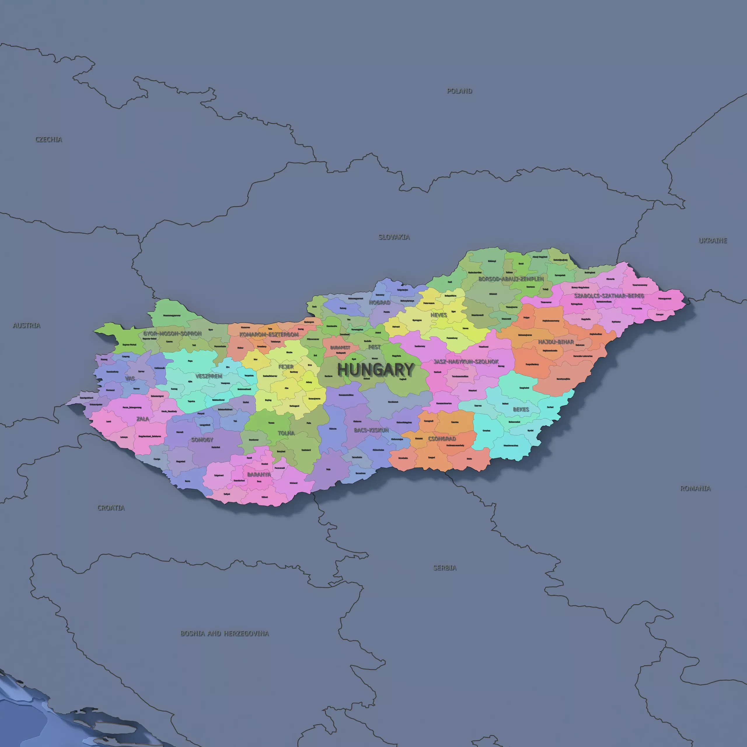 Hungary Admin 2 3D Map - LatLong 3D model