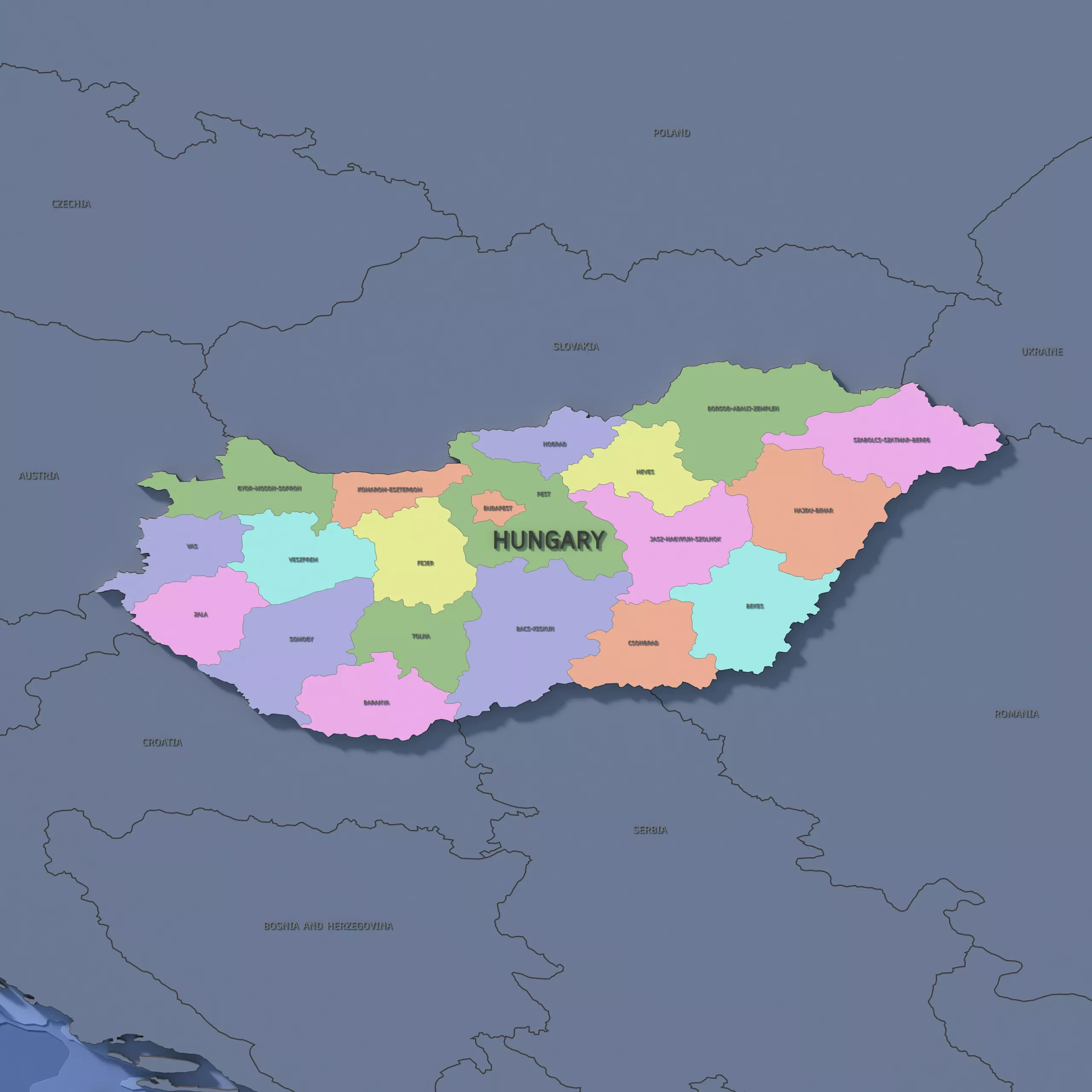 Hungary Admin 1 3D Map - LatLong 3D model