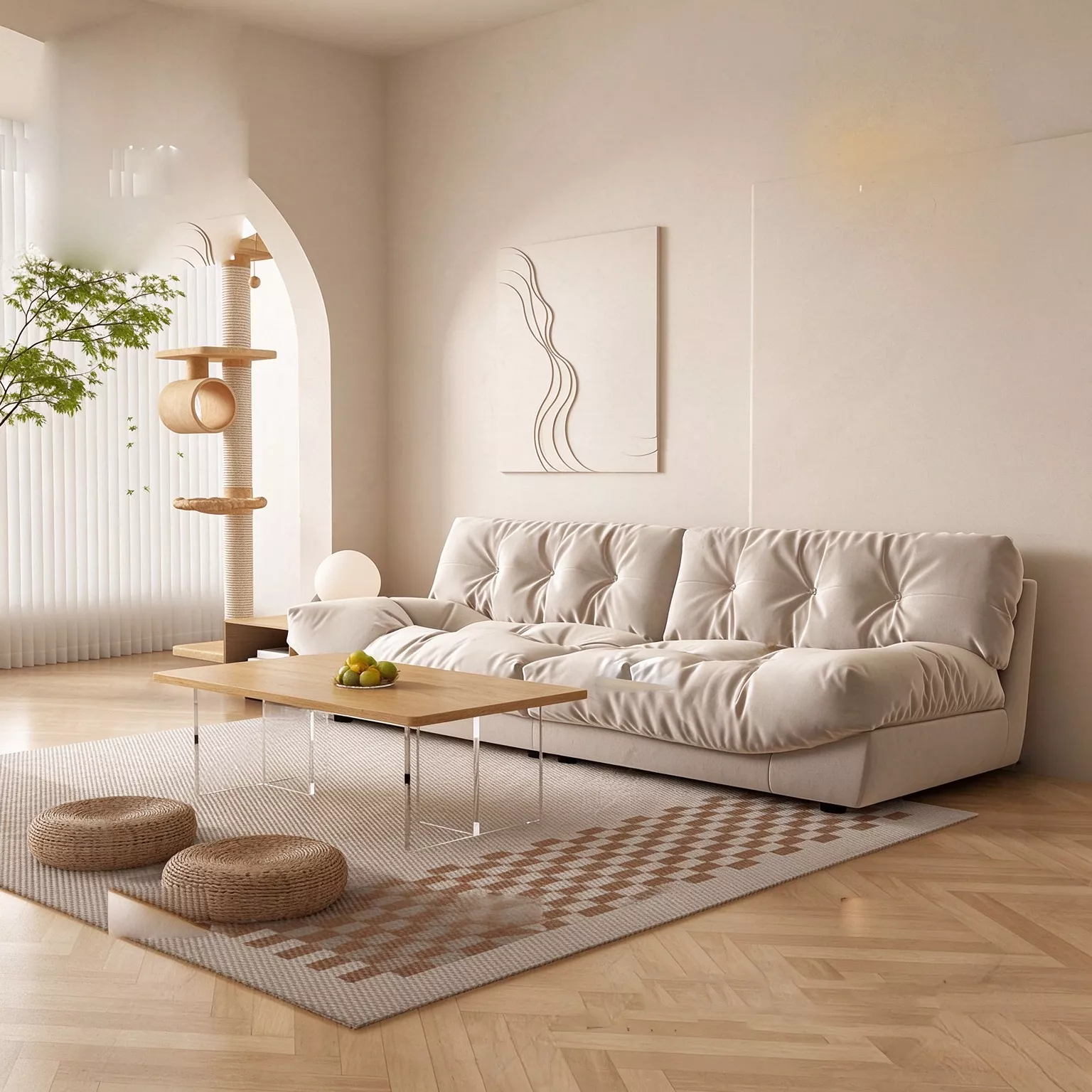 Cream Curved Chaise Sofa Set 3D model