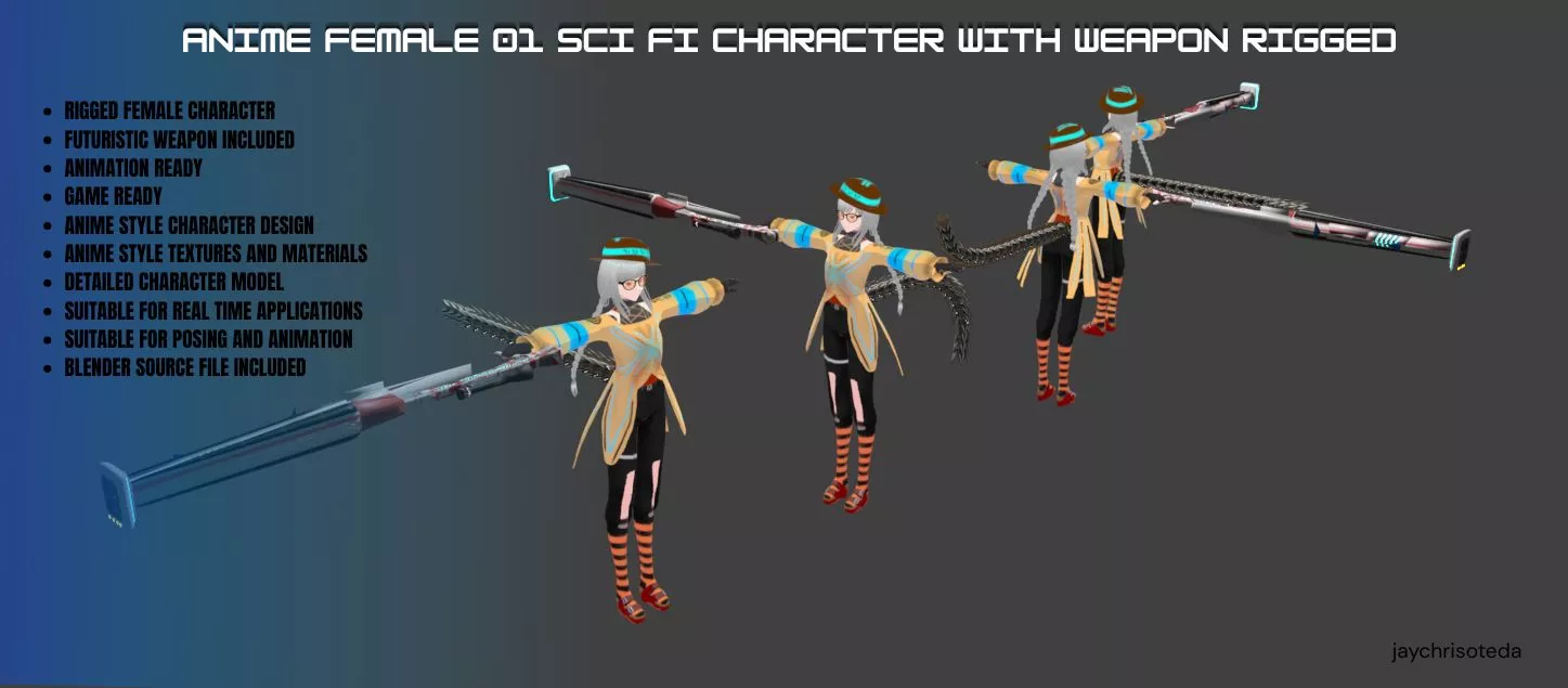 Anime Female 01 Sci Fi Character With Weapon Rigged Low-poly 3D model