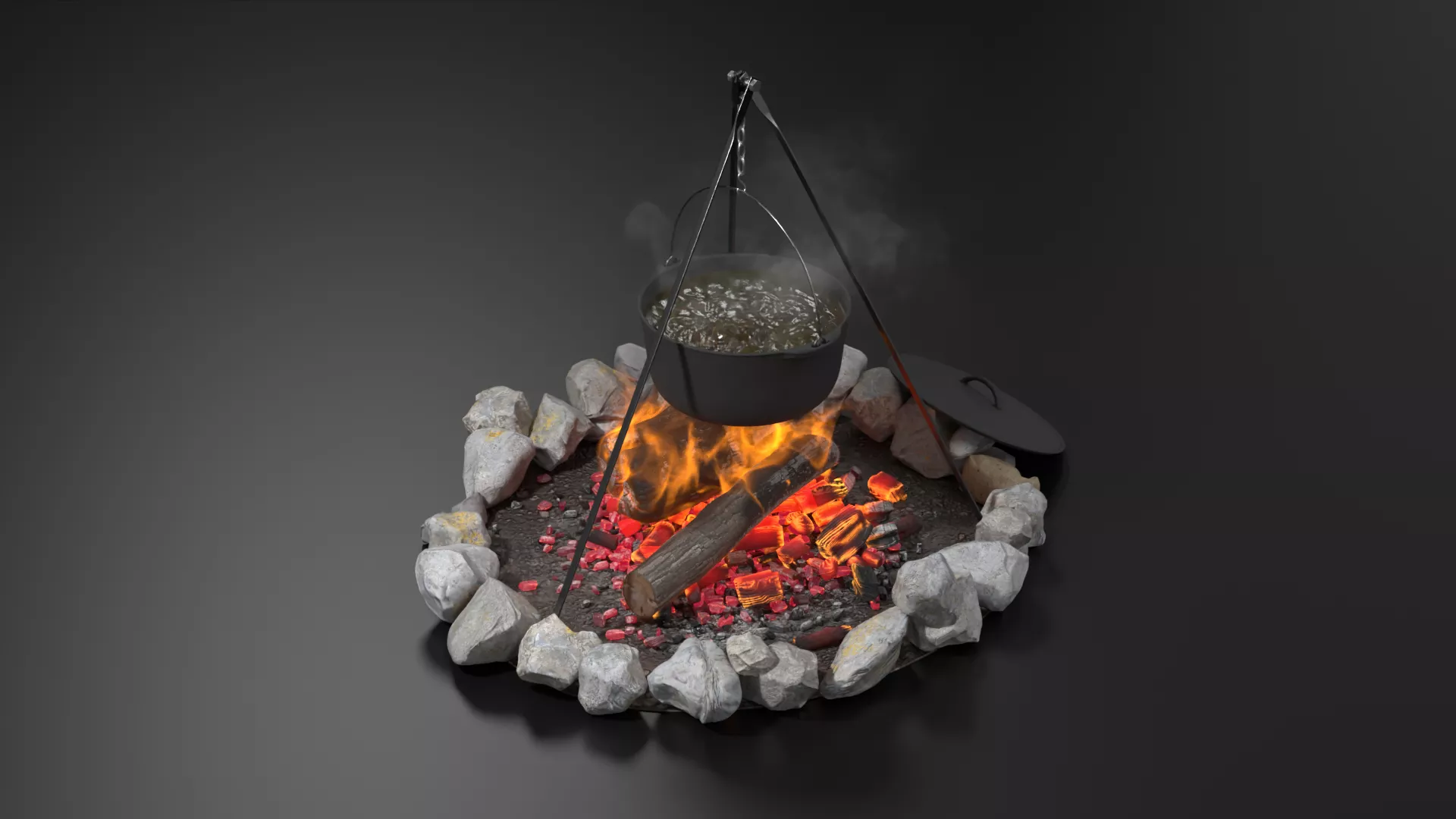 Campfire Pot with Boiling Soup Animated VDB For Blender 3D model