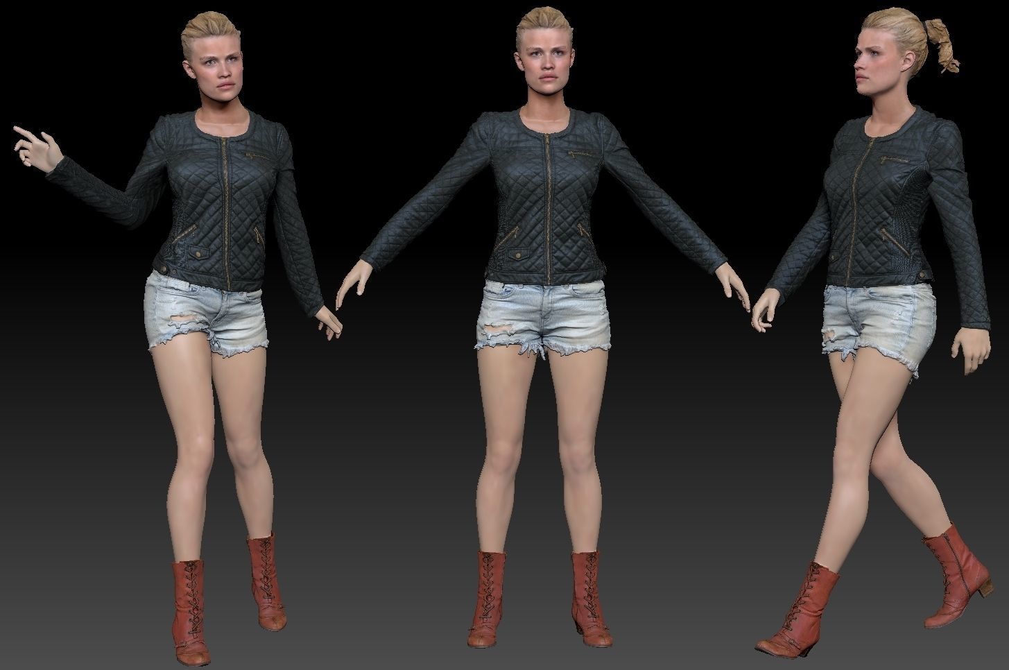 Blonde Girl in Leather Jacket Jeans Short and Red Boots Low-poly 3D model_3