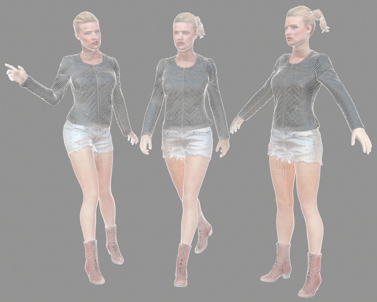 Blonde Girl in Leather Jacket Jeans Short and Red Boots Low-poly 3D model_10