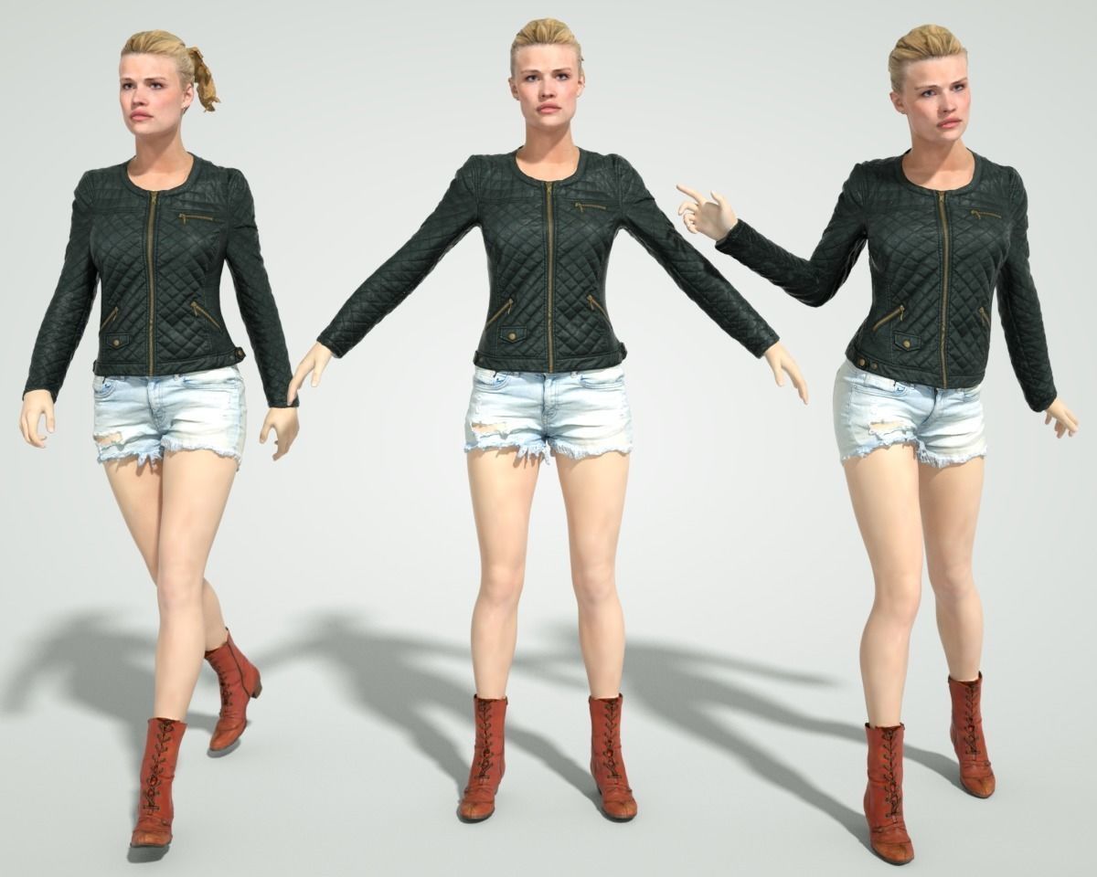 Blonde Girl in Leather Jacket Jeans Short and Red Boots Low-poly 3D model_1