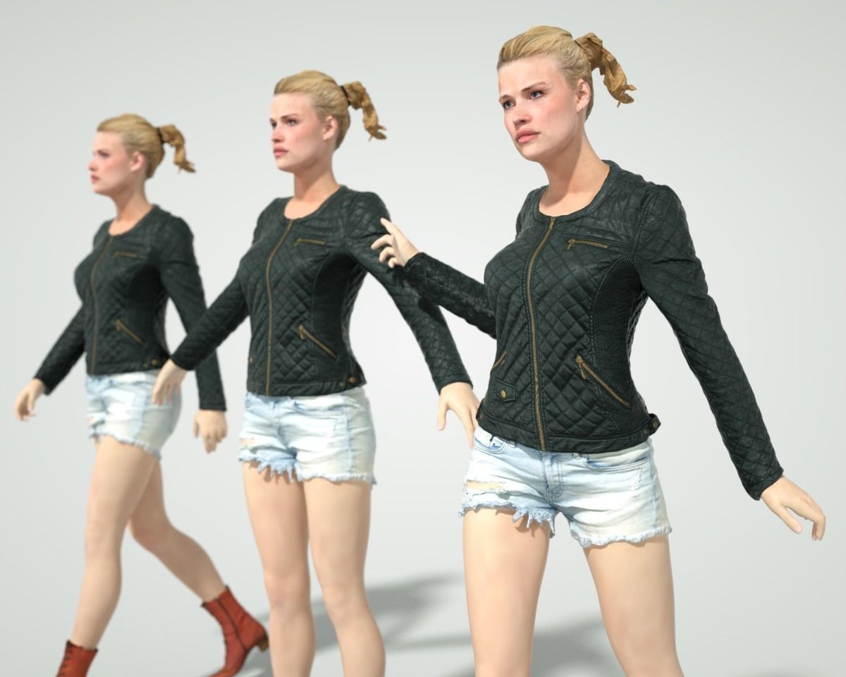 Blonde Girl in Leather Jacket Jeans Short and Red Boots Low-poly 3D model_0