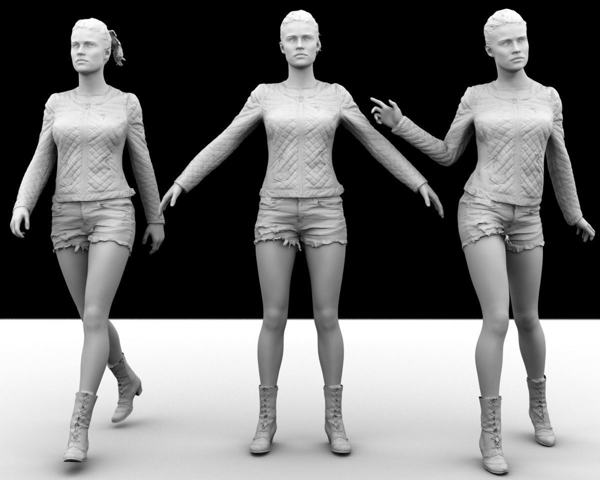Blonde Girl in Leather Jacket Jeans Short and Red Boots Low-poly 3D model_8