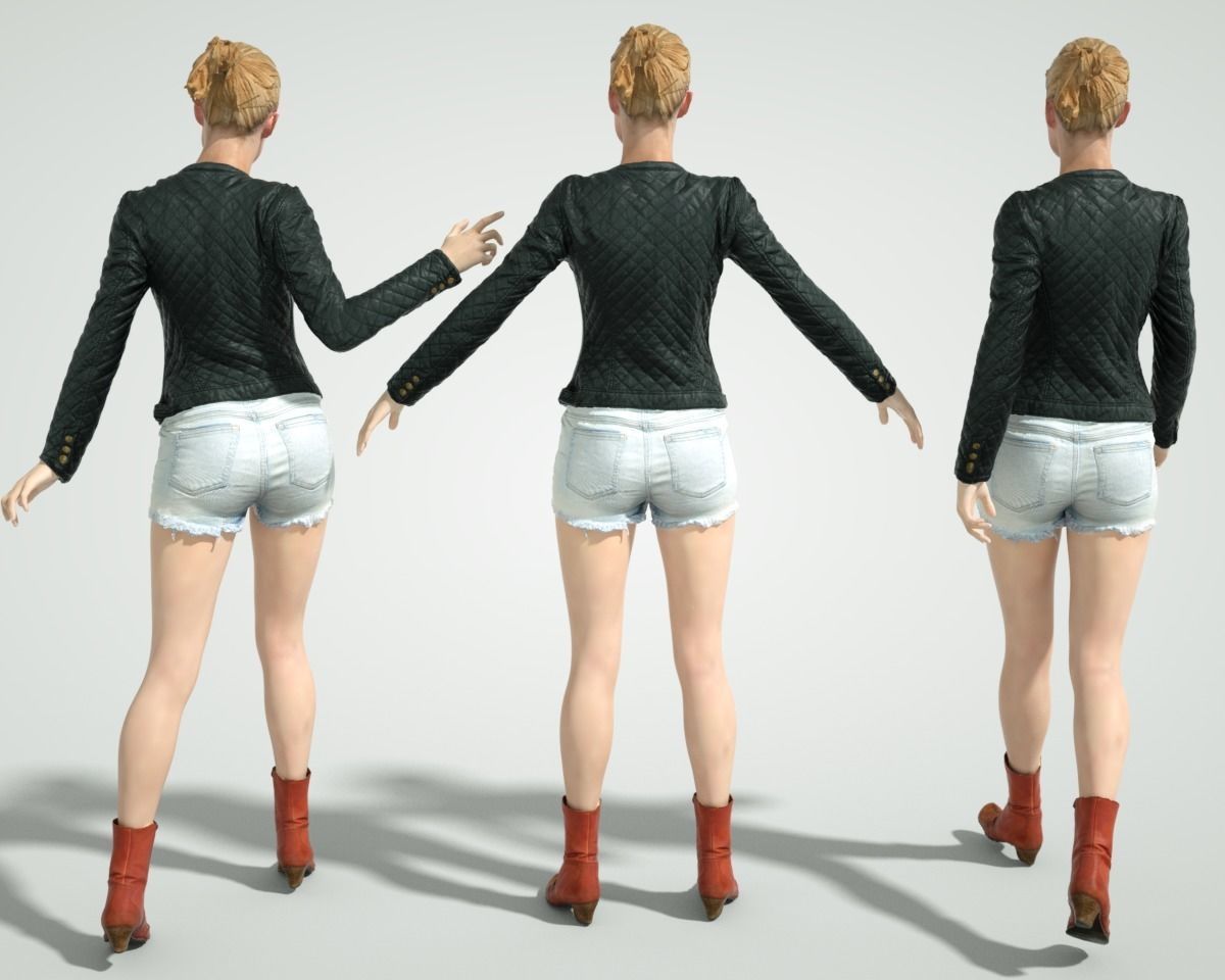 Blonde Girl in Leather Jacket Jeans Short and Red Boots Low-poly 3D model_2