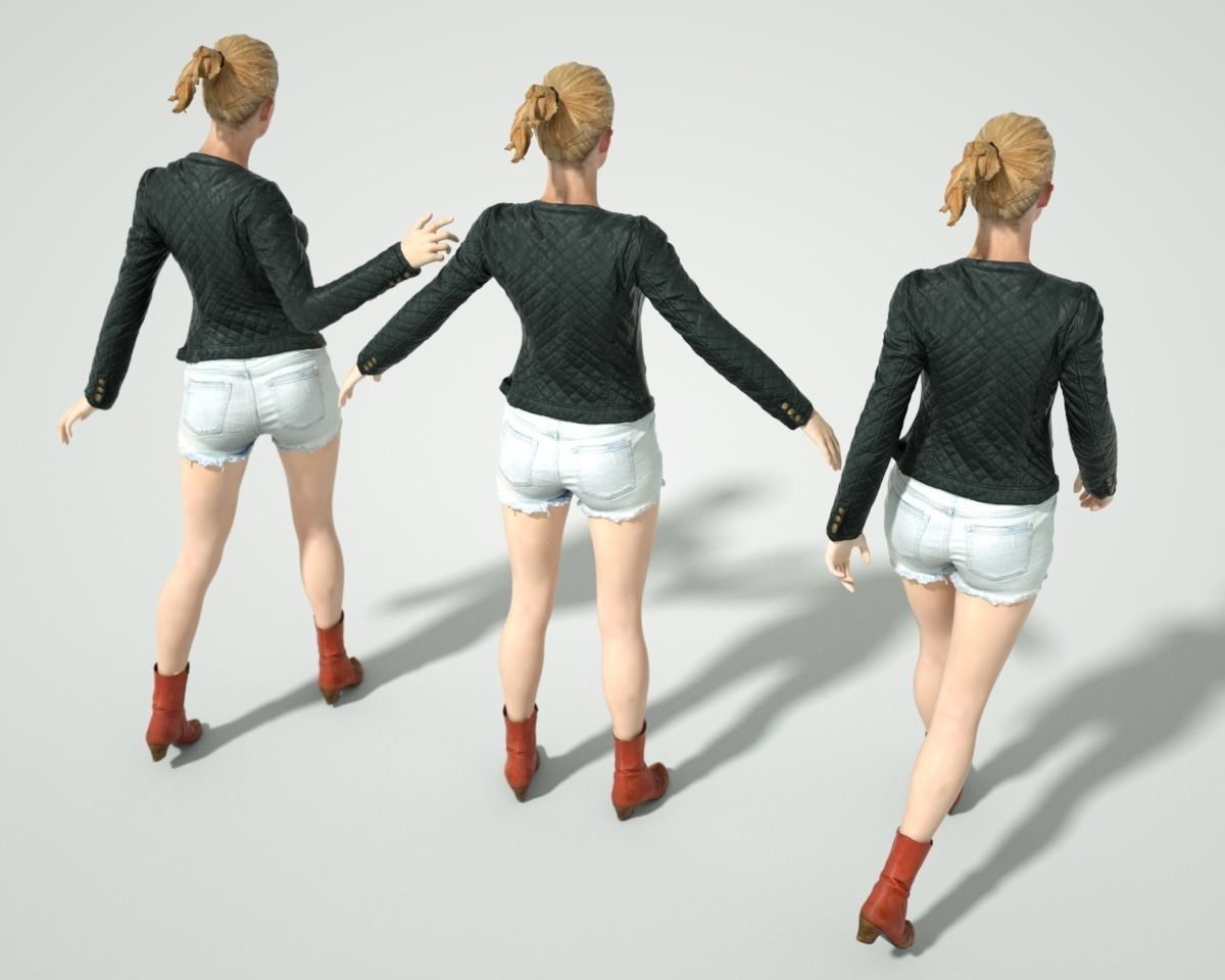 Blonde Girl in Leather Jacket Jeans Short and Red Boots Low-poly 3D model_6