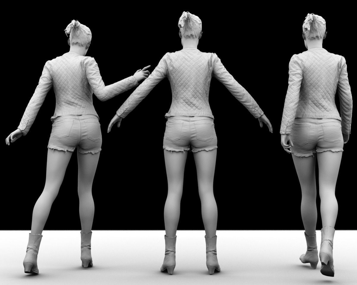 Blonde Girl in Leather Jacket Jeans Short and Red Boots Low-poly 3D model_7