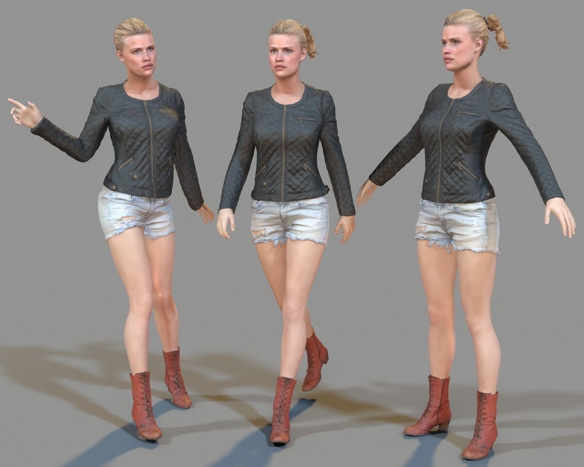 Blonde Girl in Leather Jacket Jeans Short and Red Boots Low-poly 3D model_9