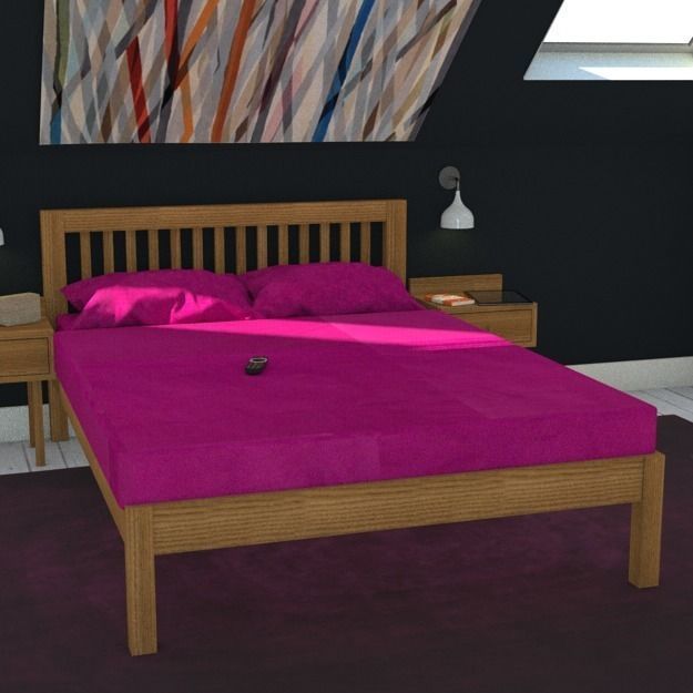 Muji Oak double bed with pink bedlinen Low-poly 3D model_0