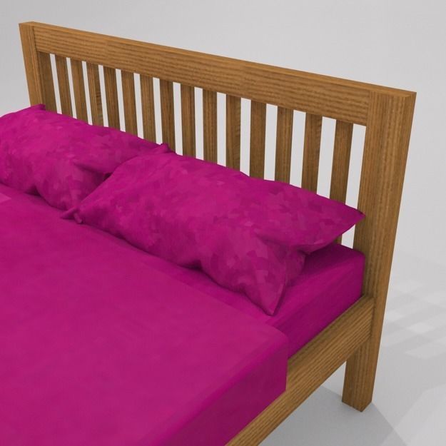 Muji Oak double bed with pink bedlinen Low-poly 3D model_4