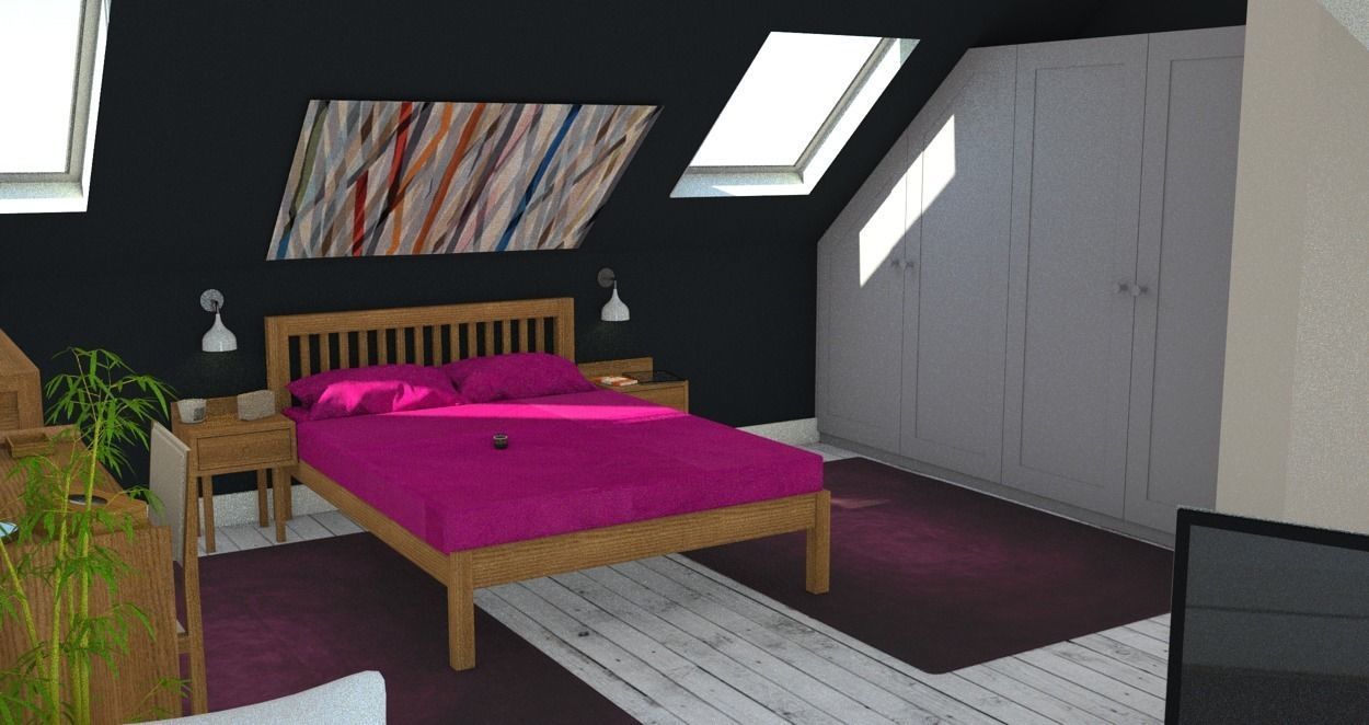 Muji Oak double bed with pink bedlinen Low-poly 3D model_2