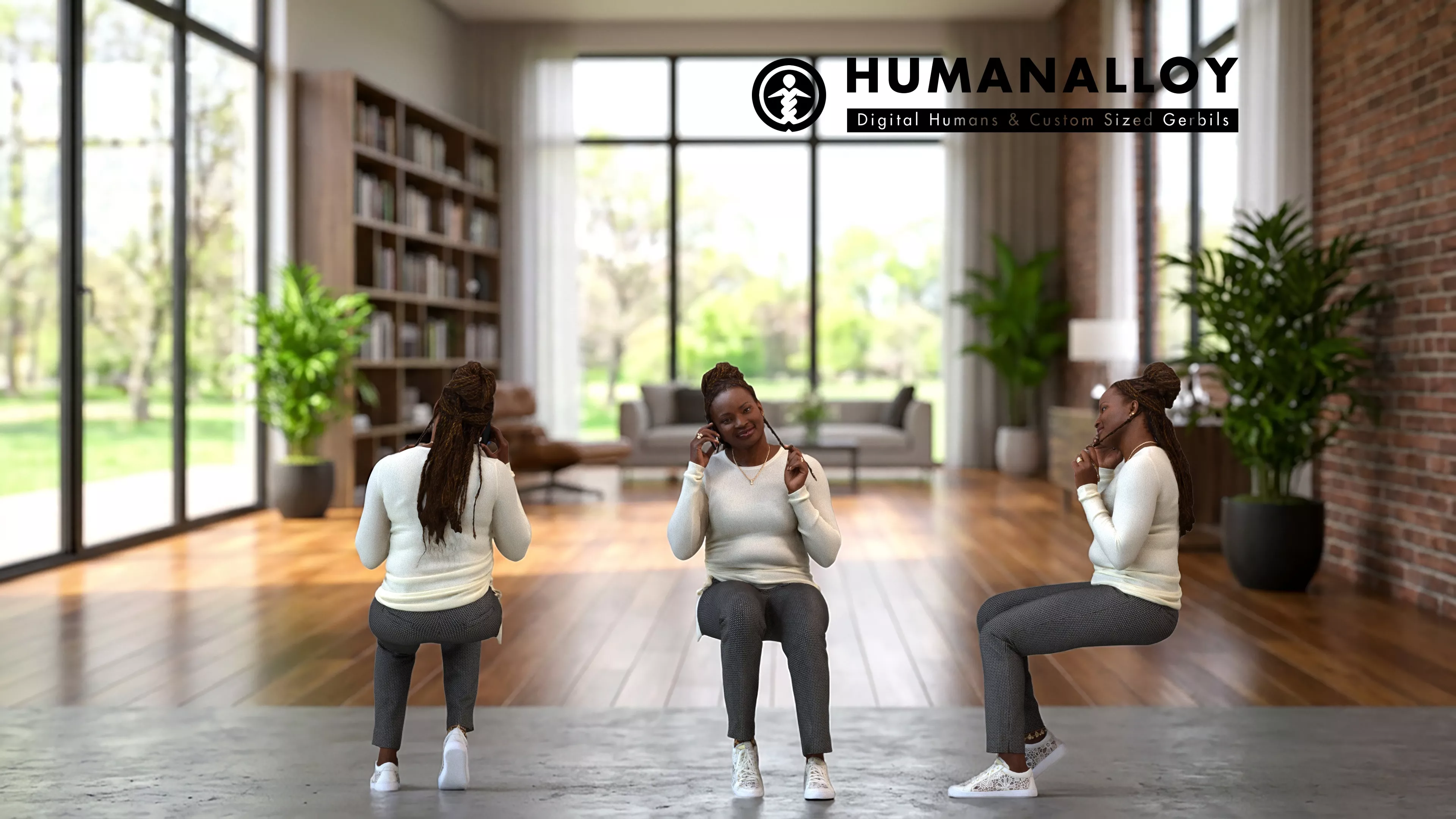 Adult Black woman calling from home in transitional seasonal 3D model