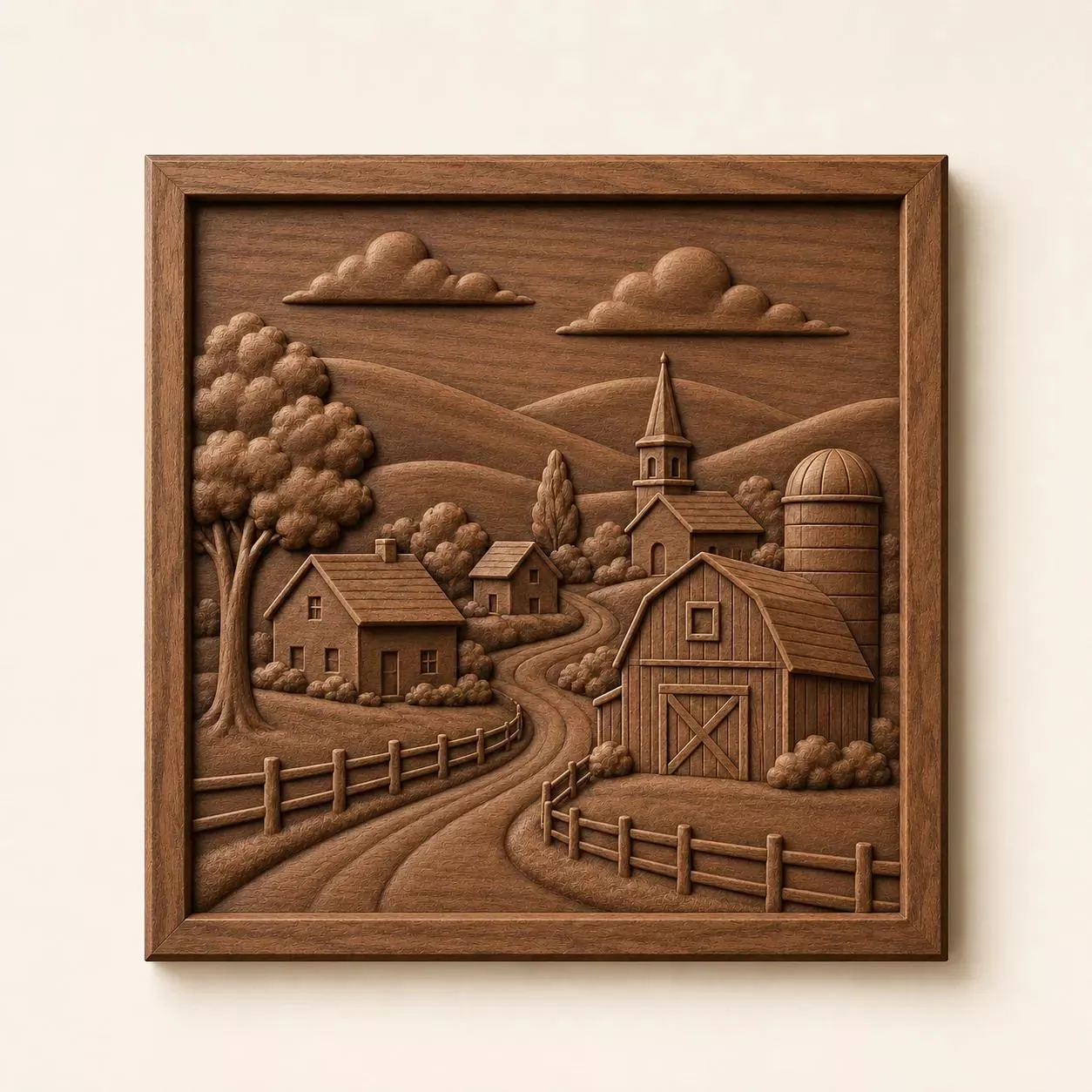 Country Village Wood Carving Relief CNC STL Farmhouse Landscape 3D print model