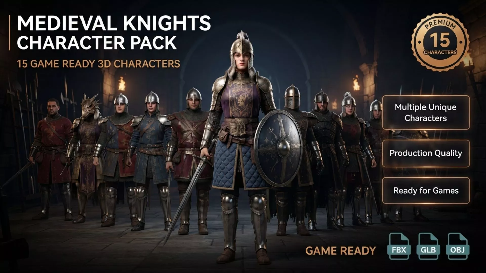 Medieval Guards Knights Package 15 Characters Rigged Game Ready Low-poly 3D model