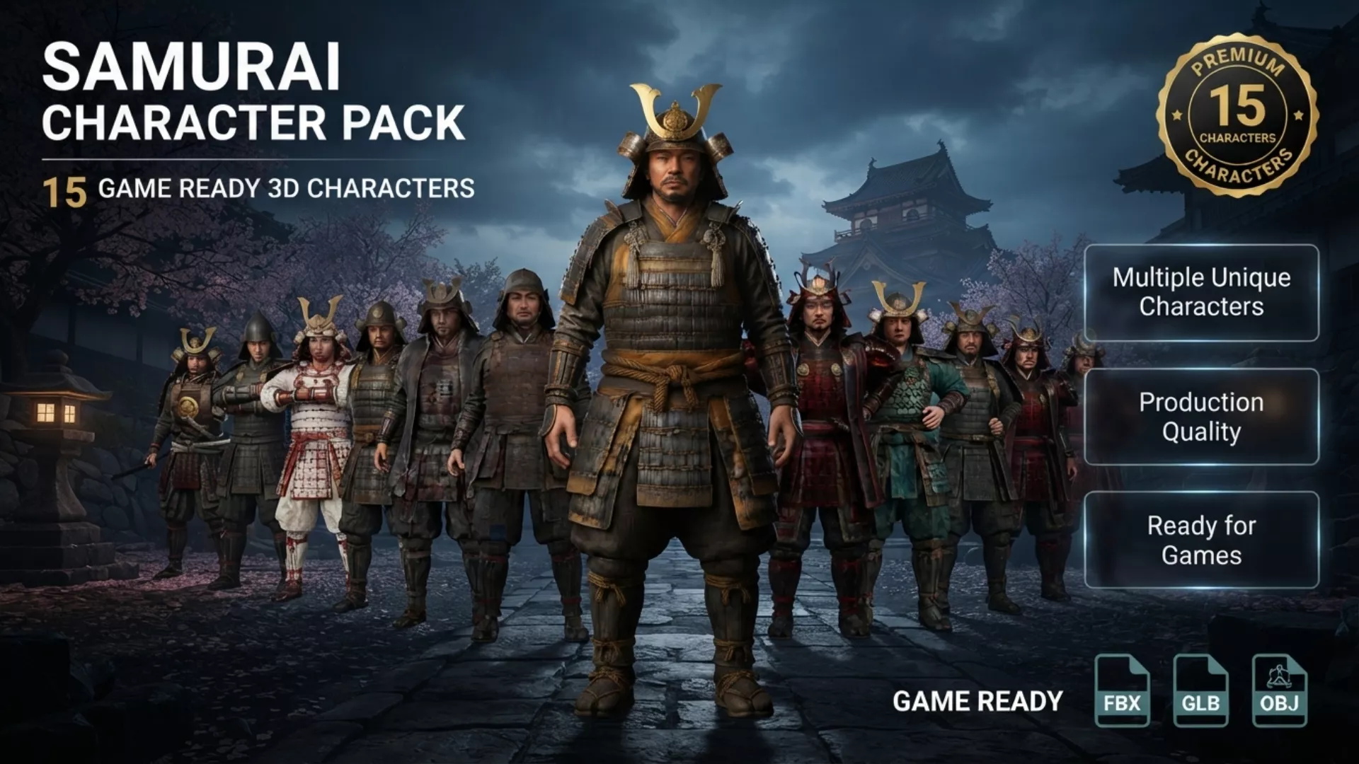 Samurai Warriors Package 15 Characters Rigged Game Ready Low-poly 3D model