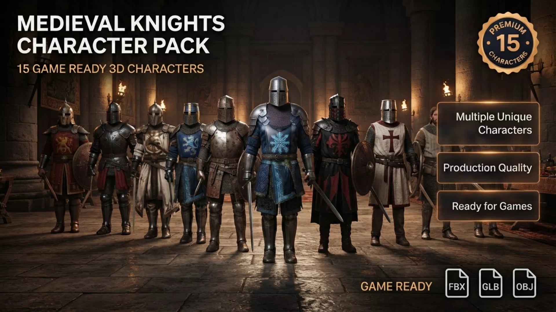 Medieval Heavy Package 15 Characters Rigged Game Ready Low-poly 3D model