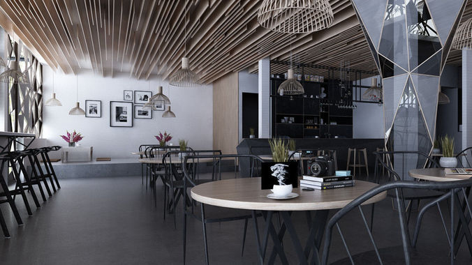 Cafe shop interior  Low-poly 3D model