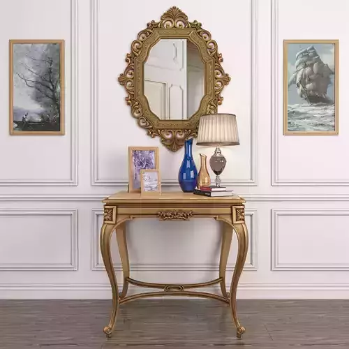 Antique French onyx table and Antique gold mirror  and lamp 3D model