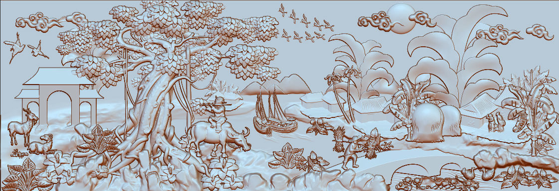 Mural landscape wood carving file stl OBJ and ZTL for CNC 3D print model_12