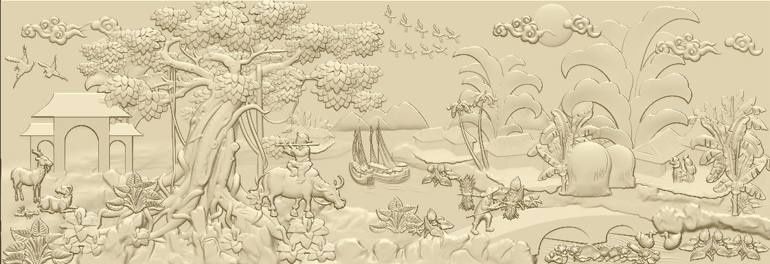 Mural landscape wood carving file stl OBJ and ZTL for CNC 3D print model_16