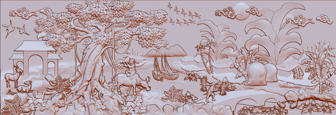 Mural landscape wood carving file stl OBJ and ZTL for CNC 3D print model_10