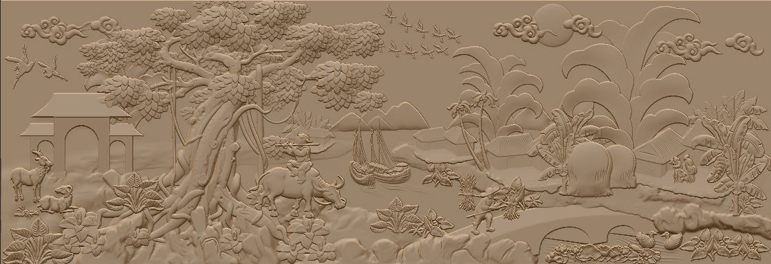 Mural landscape wood carving file stl OBJ and ZTL for CNC 3D print model_14