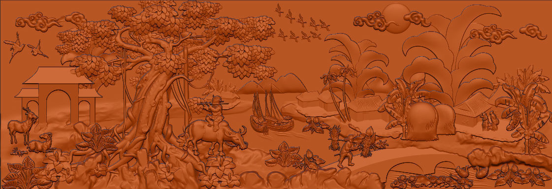 Mural landscape wood carving file stl OBJ and ZTL for CNC 3D print model_9