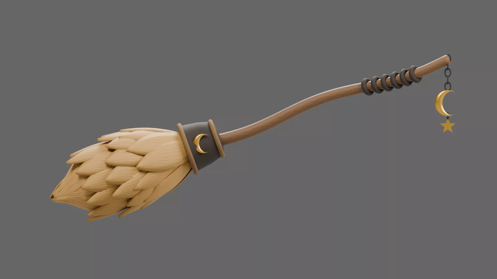 Fantasy Acorn Broom with Curved Shaft Low-poly 3D model
