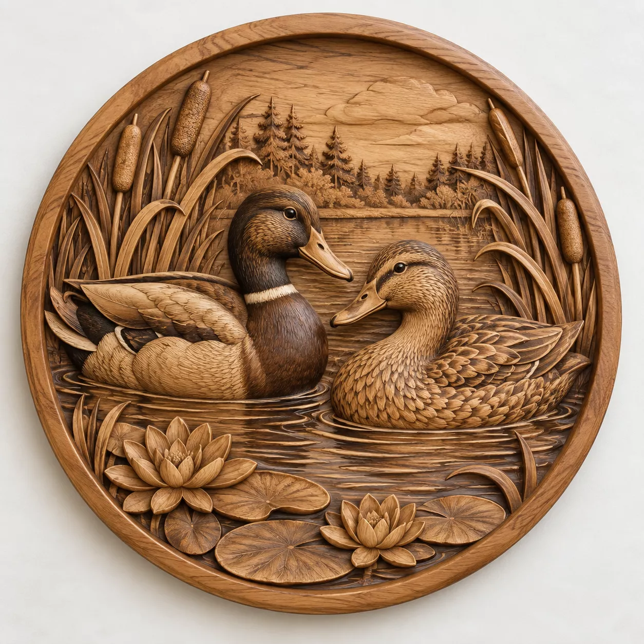 Mallard Duck Couple Lake Scene CNC Wood Carving Relief STL 3D print model