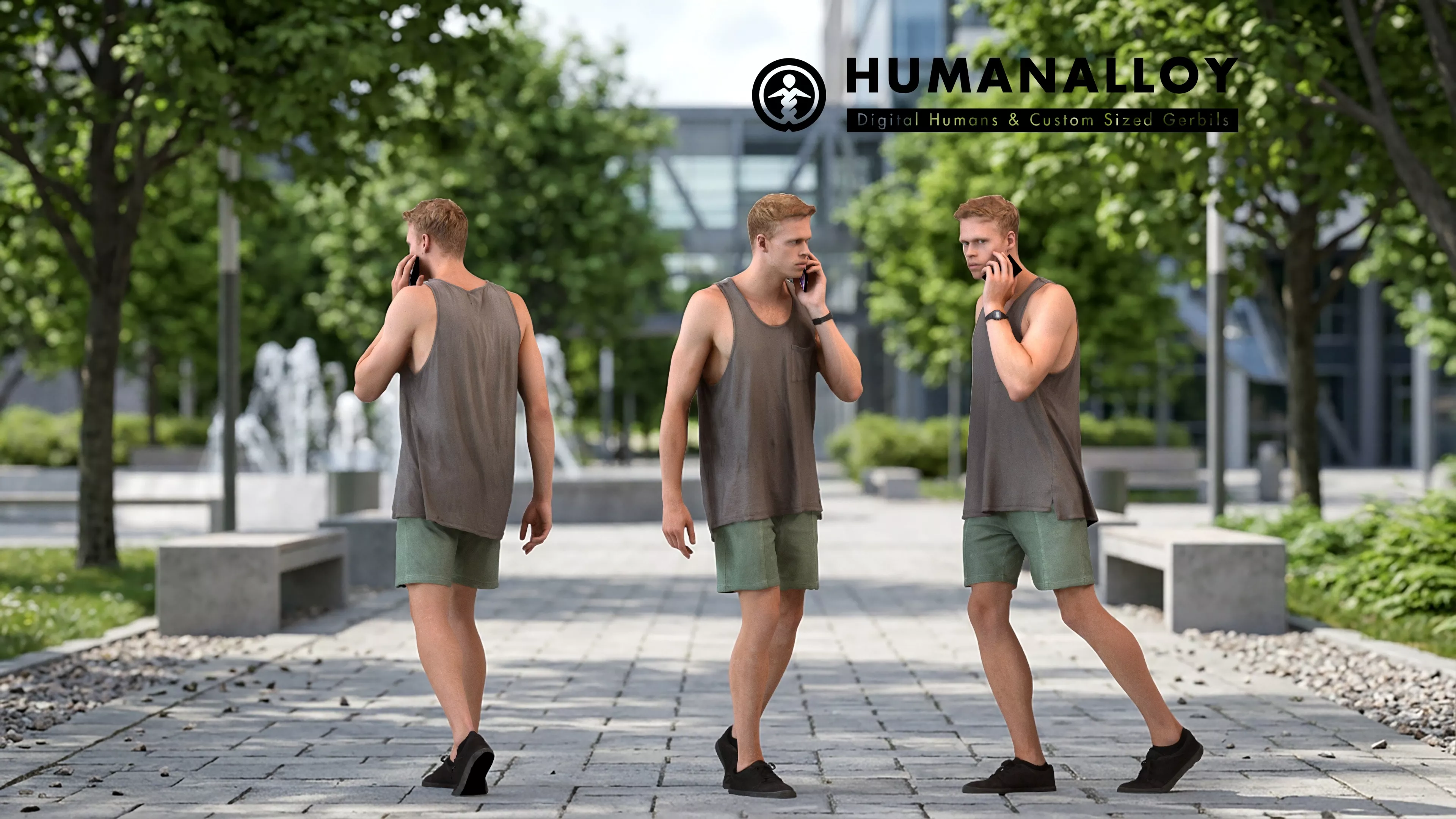 Adult Caucasian man walking outdoors calling on smartphone in 3D model