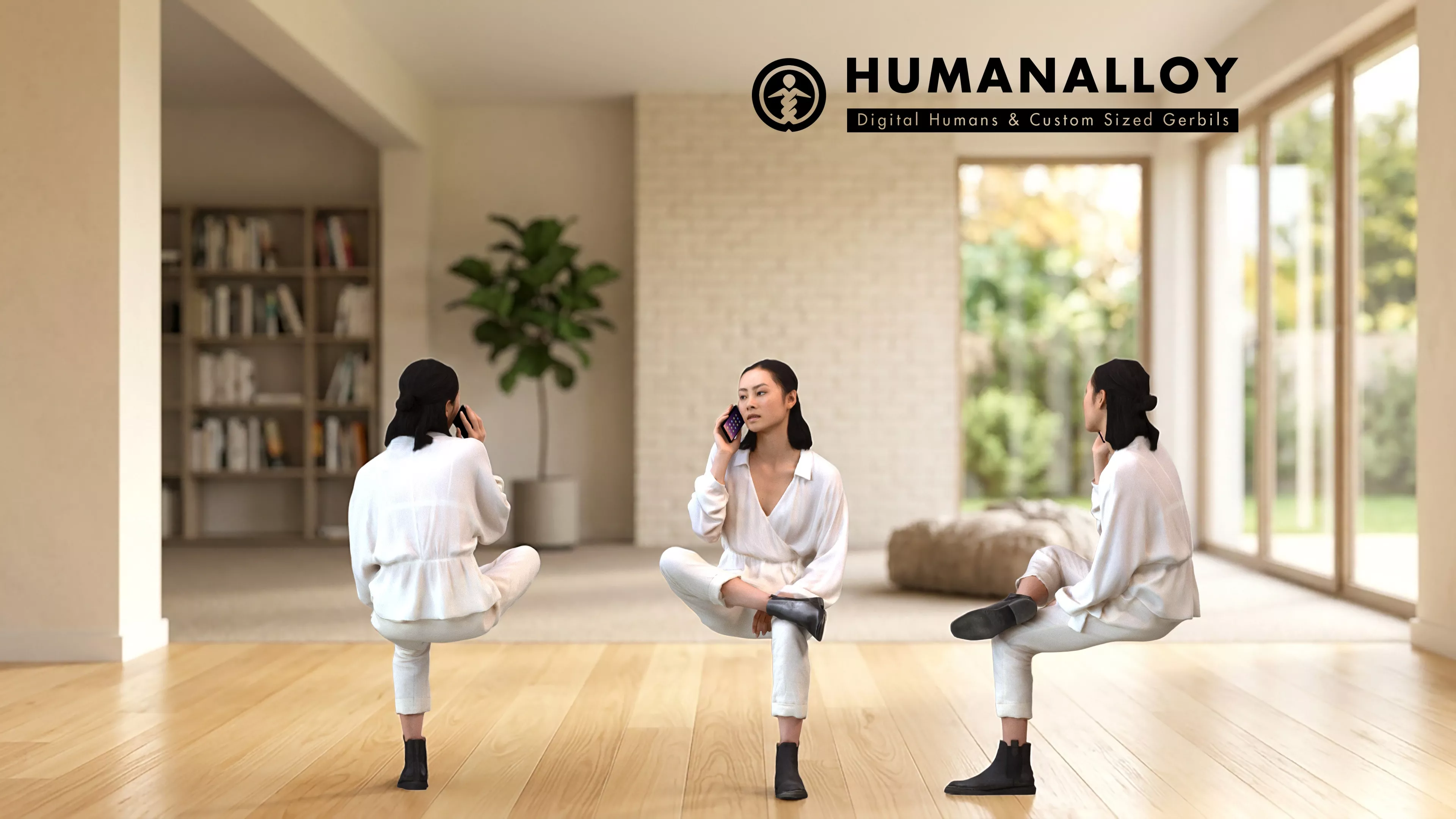 Adult Asian woman calling on smartphone at home in transitional 3D model