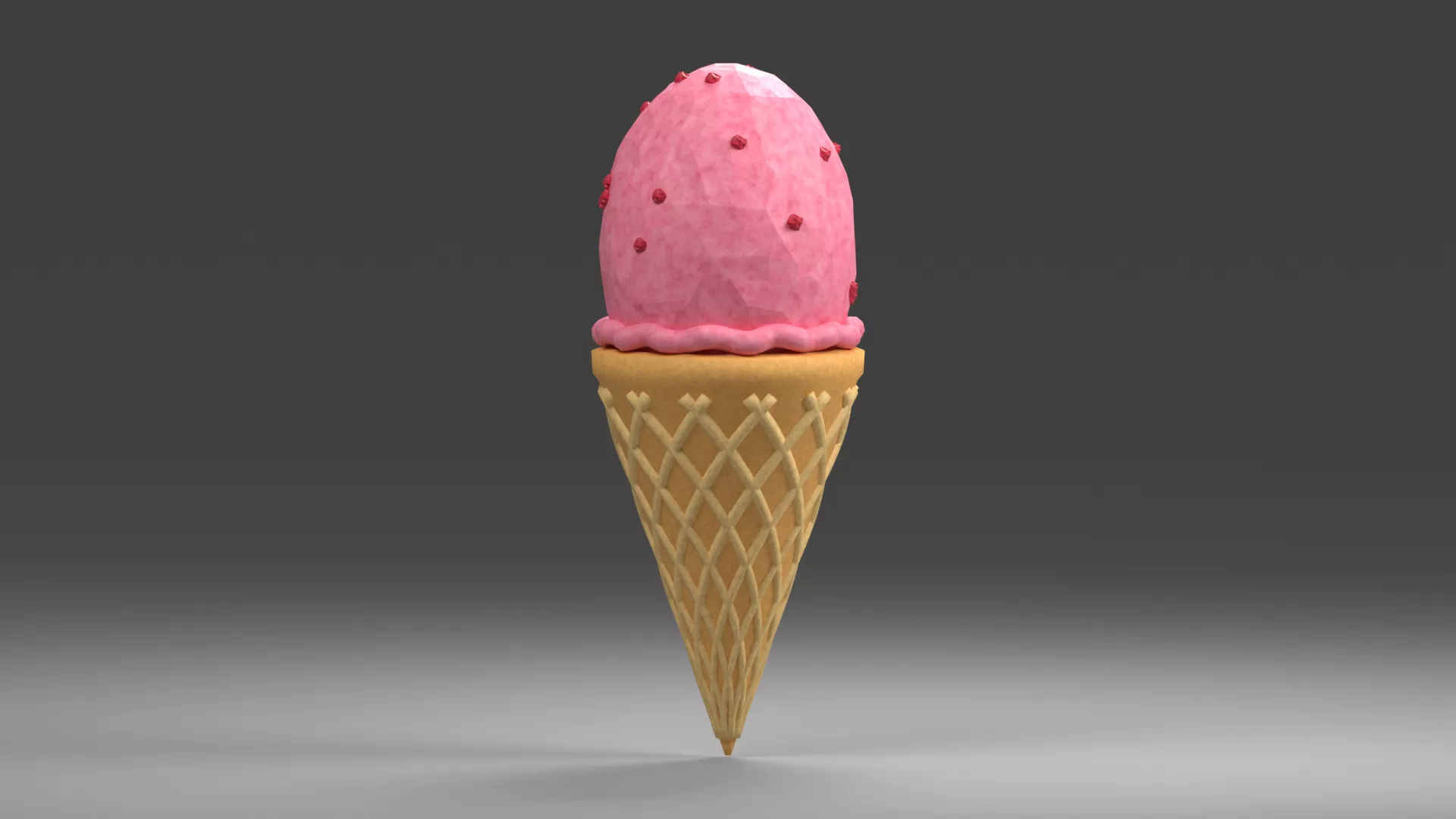 Pink Ice Cream Scoop on Tall Cone Low-poly 3D model