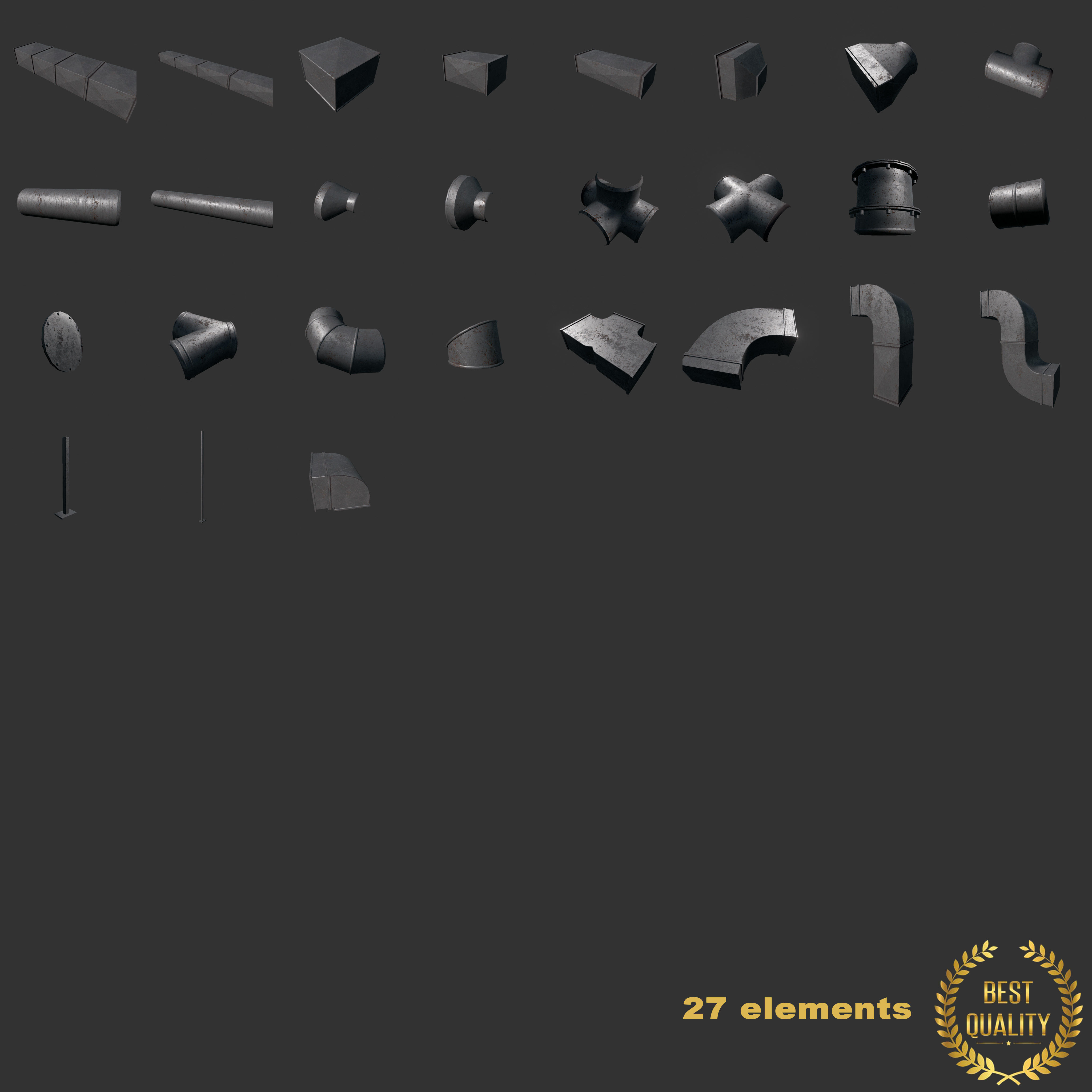 Simple air ducts modular system 27 elements 3D model lowpoly Low-poly 3D model_1