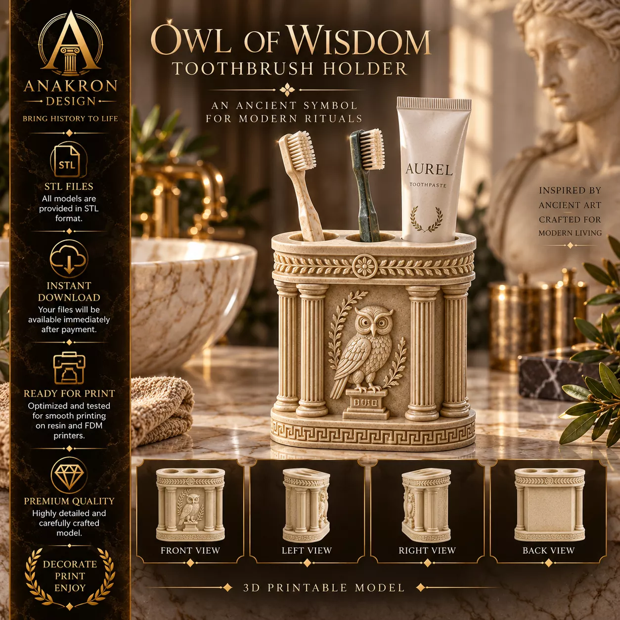 Owl of Wisdom Toothbrush Holder STL Athena Owl Bath Organizer 3D print model