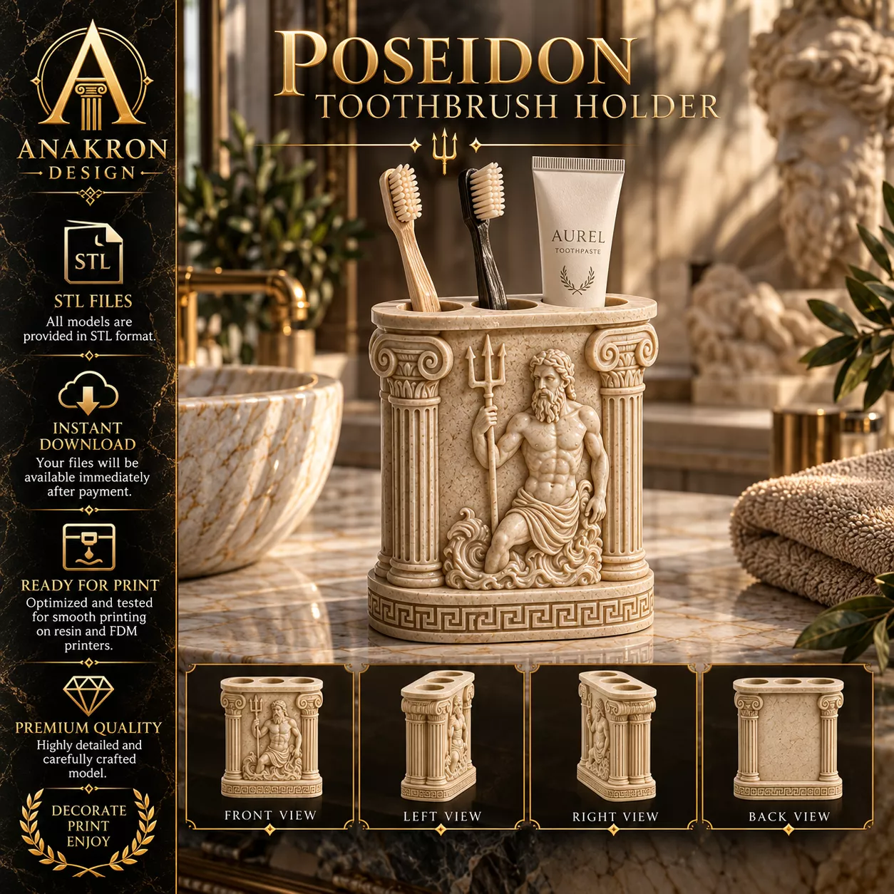 Poseidon Toothbrush Holder STL Greek God Bath Organizer 3D print model