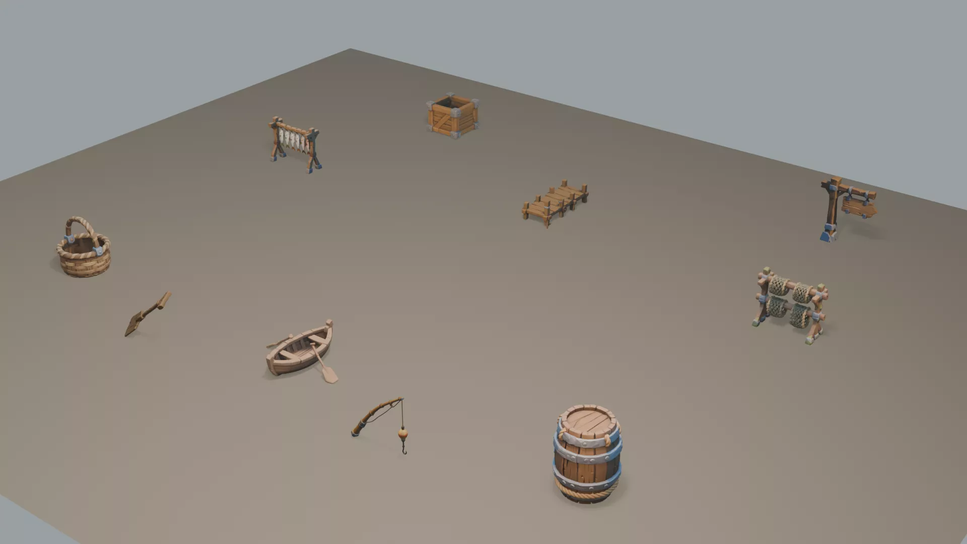 3D model Low Poly Medieval Riverside and Fishing Props Pack PBR VR / AR ...