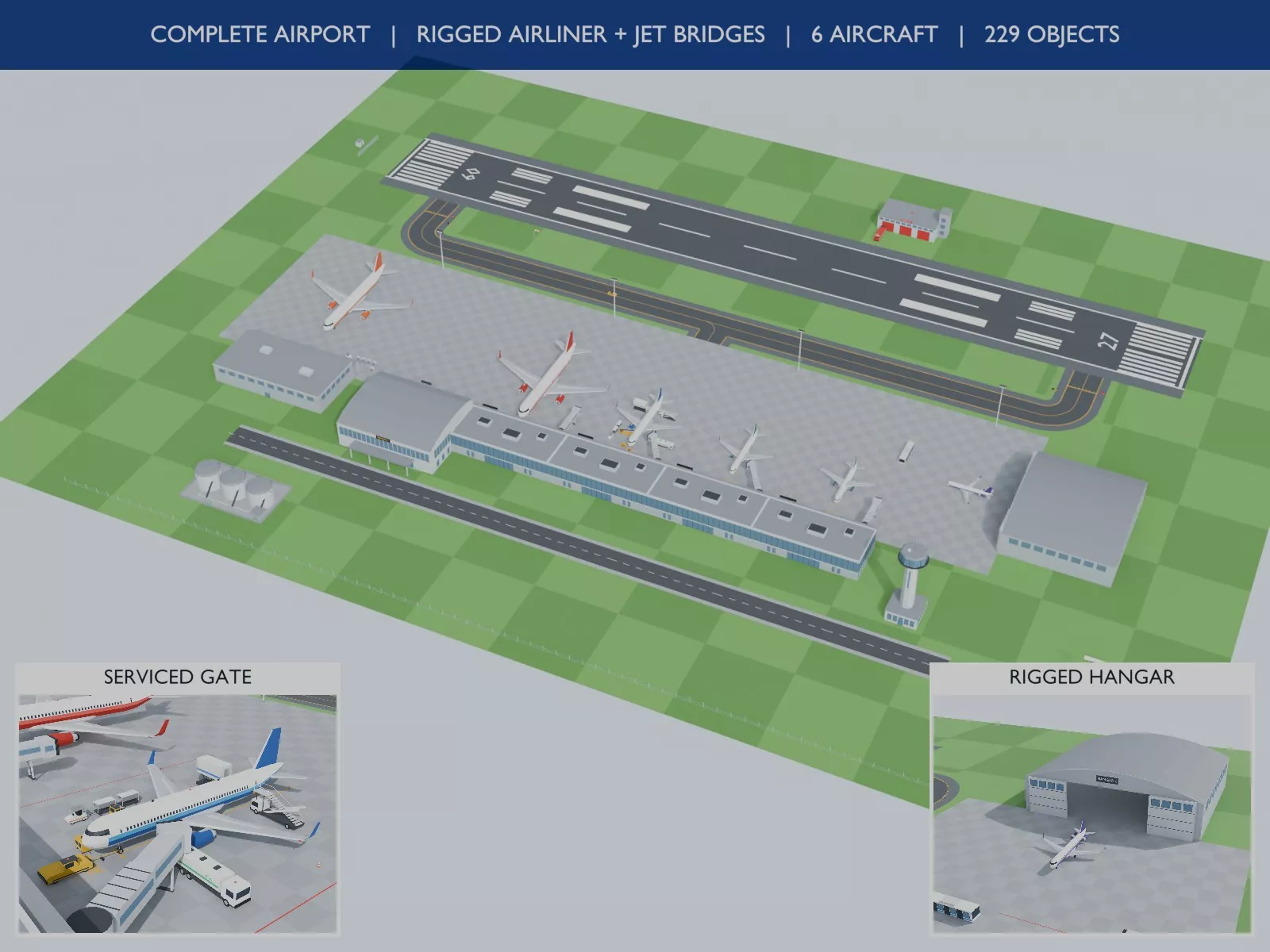 Airport Environment with Rigged Airliner and Jet Bridges Low-poly 3D model
