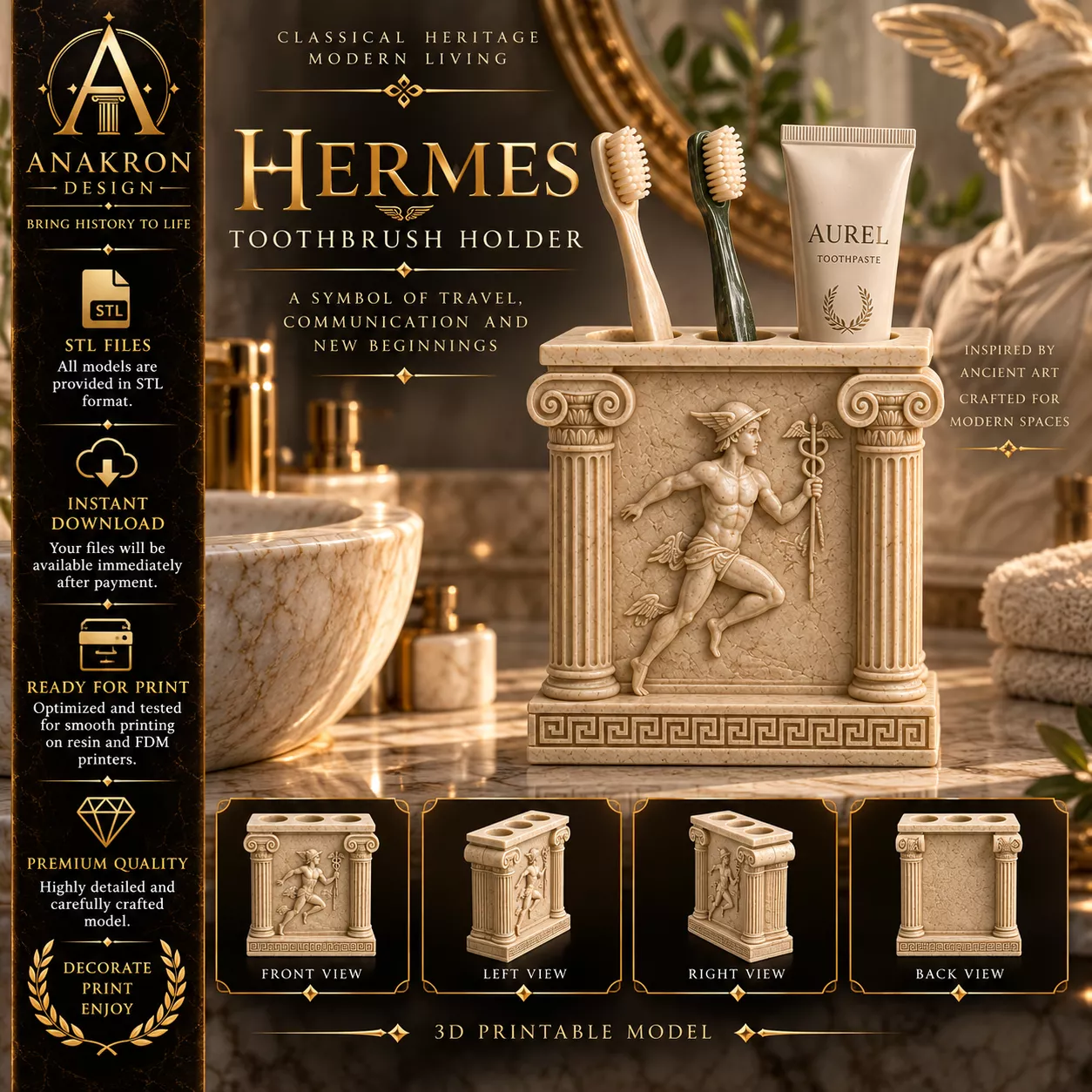 Hermes Toothbrush Holder STL Greek God Bath Organizer 3D print model