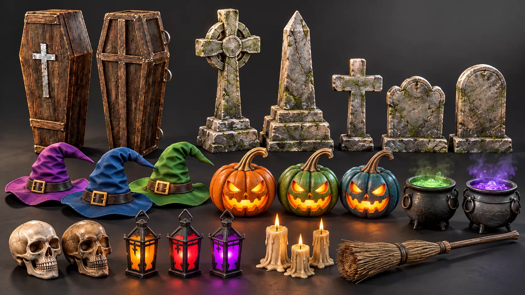 Halloween and Pumpkin Pack- Witch Hat Cauldron Spooky Game Ready Low-poly 3D model